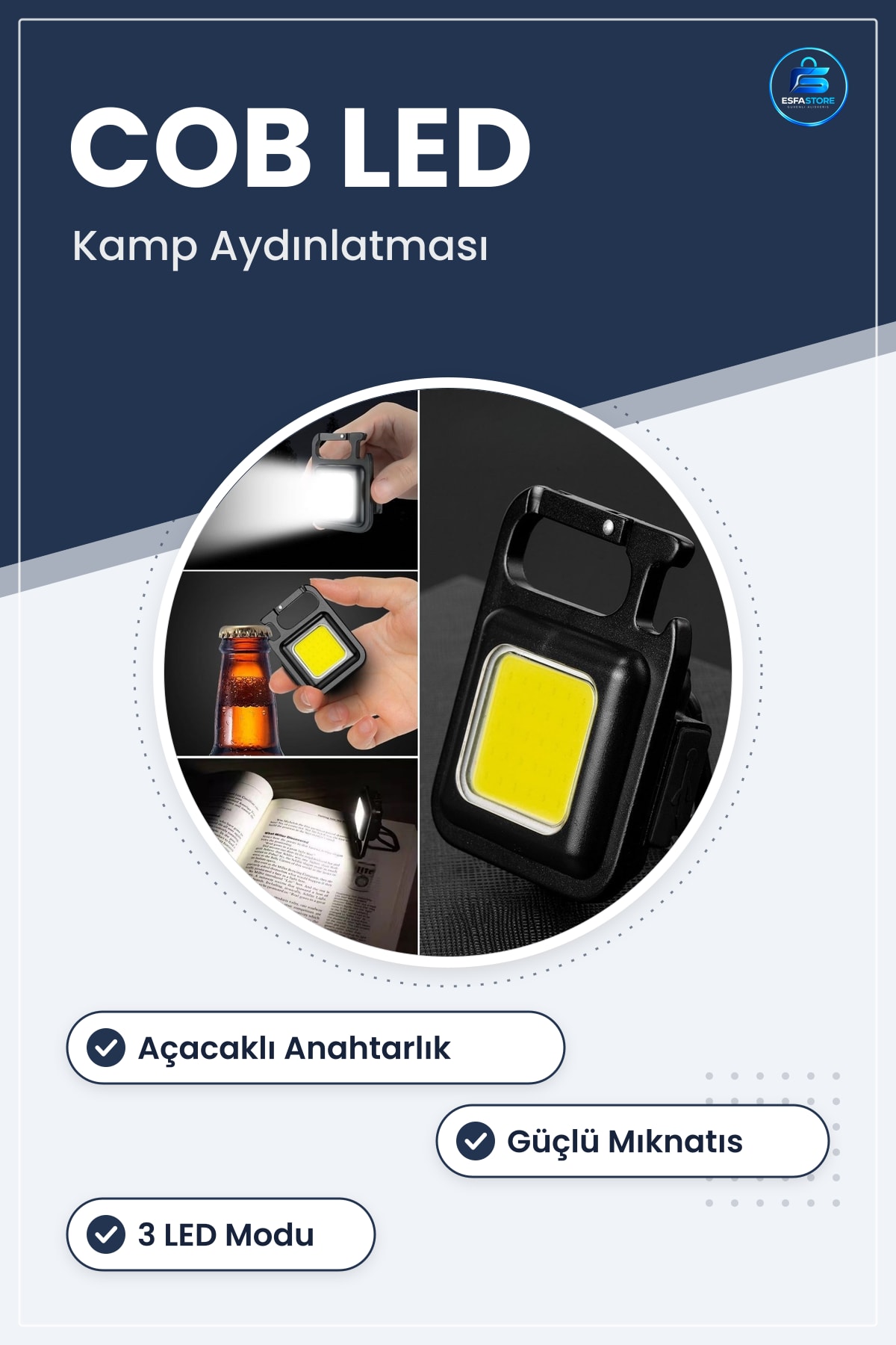 Anahtarlıklı Açacaklı Mıknatıslı Mini Led Kamp Aydınlatması El Feneri Taşınabilir Kanca Pratik