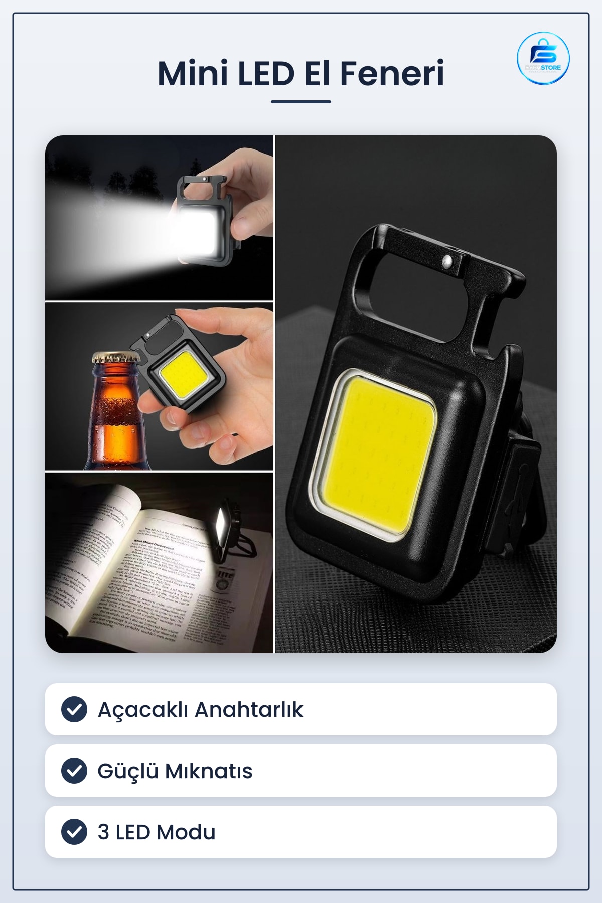 Anahtarlıklı Açacaklı Mıknatıslı Mini Led Kamp Aydınlatması El Feneri Taşınabilir Kanca Pratik