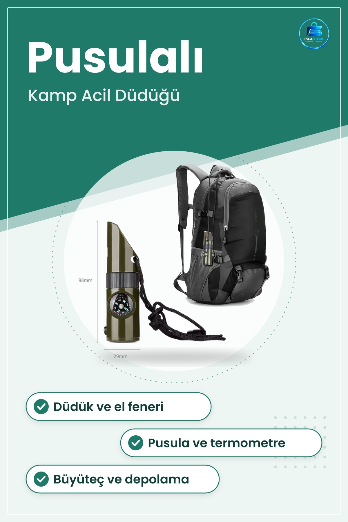 Kamp Acil Durum Düdüğü El Feneri Pusula Termometre Büyüteç Depolama Bölmeli Çok Fonksiyonlu