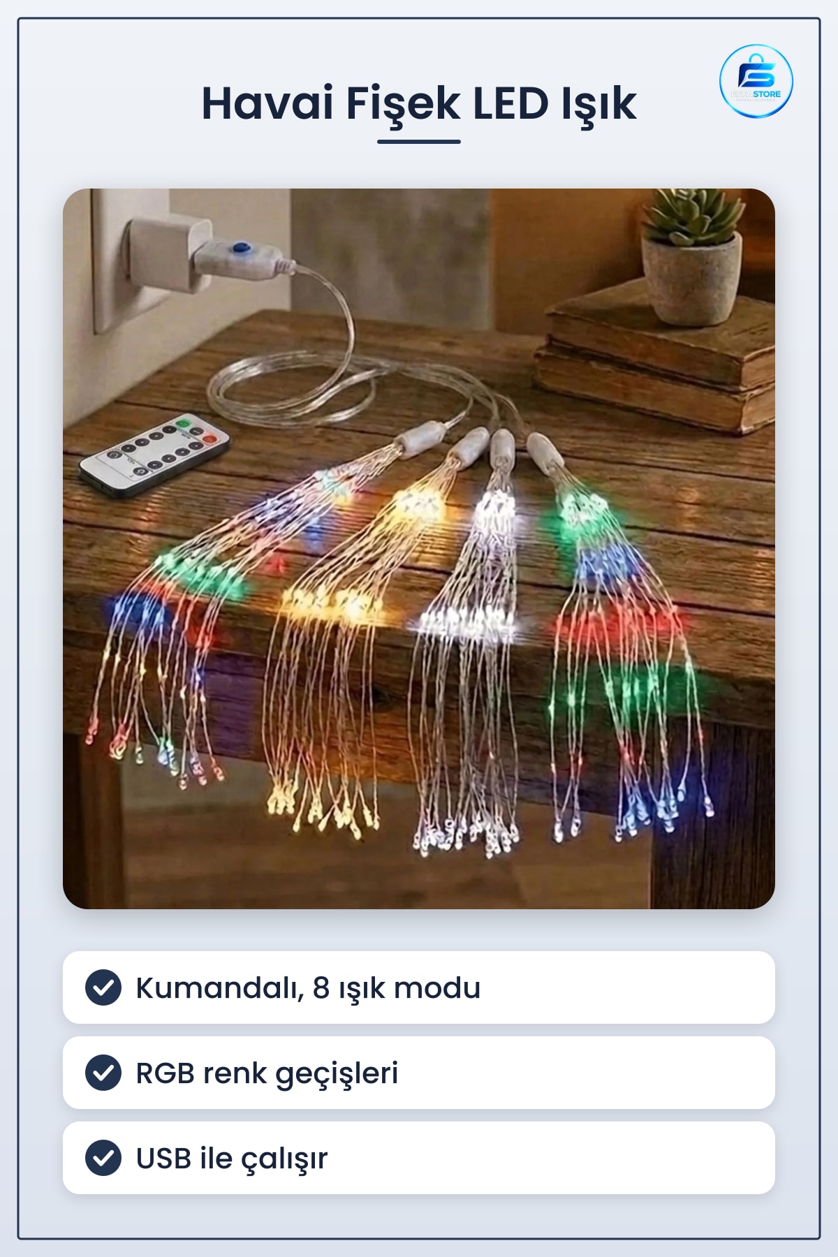Açılır Fiber LED Işık Seti Havai Fişek Efektli Kumandalı USB Kablolu Dekoratif Lamba Hediyelik