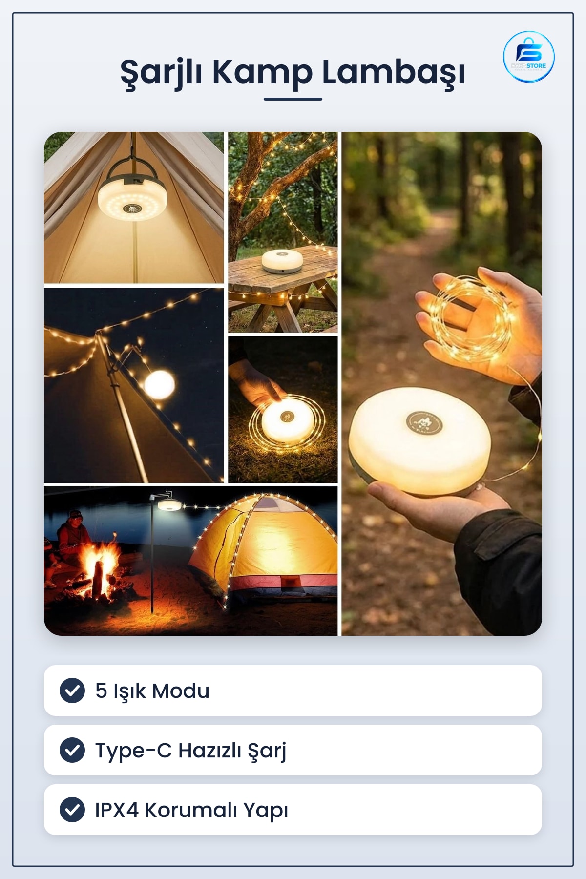 Şarjlı Kamp Lambaşı Peri LED Işık Mıknatıslı Su Geçirmez Gün Işığı Modlu Aydınlatma Feneri Hafif