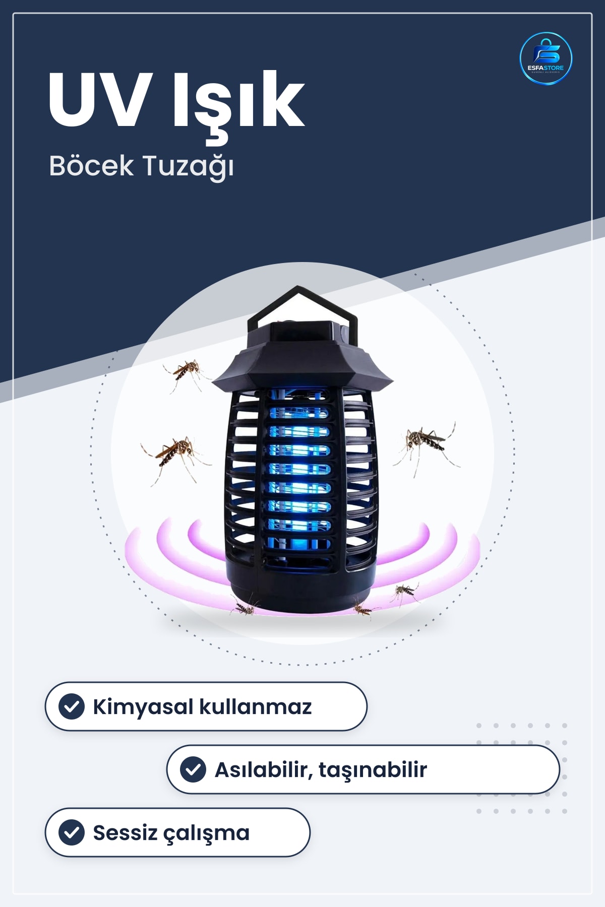 Ledli Sinek Öldürücü Tutma ve Asma Saplı UV Işıklı Böcek Tuzağı Taşınabilir Kullanışlı Aparat