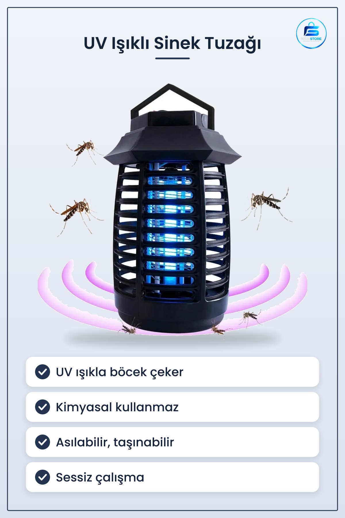 Ledli Sinek Öldürücü Tutma ve Asma Saplı UV Işıklı Böcek Tuzağı Taşınabilir Kullanışlı Aparat