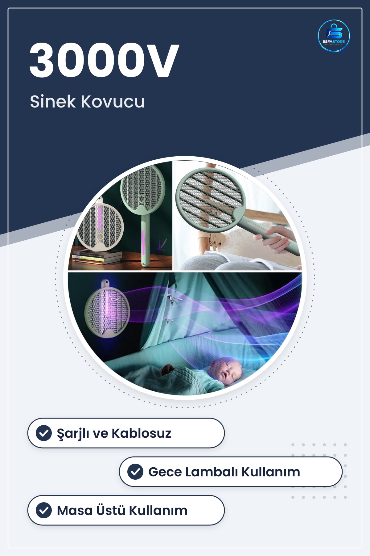 Tenis Raketi Tipi Elektrikli Sinek Kovucu Şarjlı Gece Lambalı Masa Üstü Kullanımlı Hediyelik