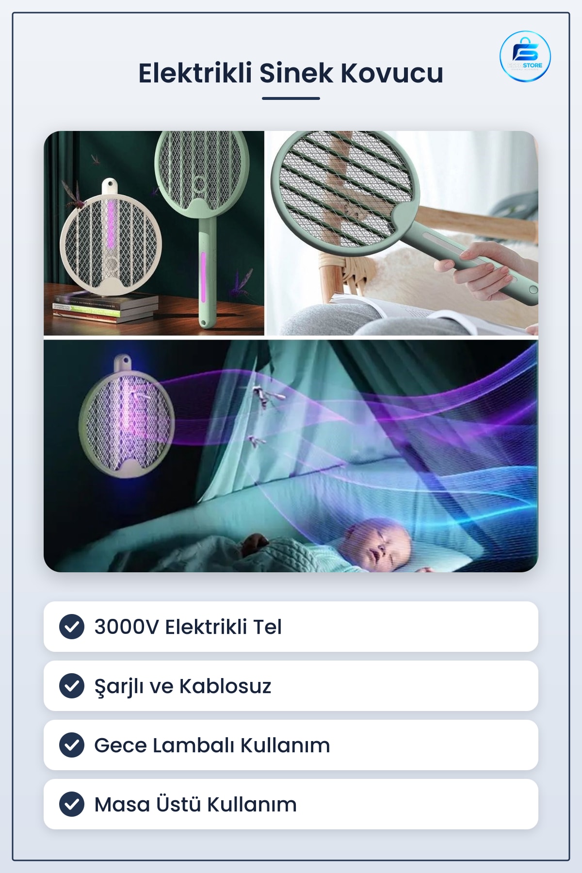 Tenis Raketi Tipi Elektrikli Sinek Kovucu Şarjlı Gece Lambalı Masa Üstü Kullanımlı Hediyelik