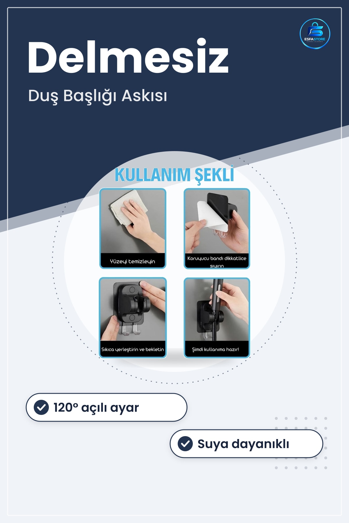 Duş Başlığı Tutucu Yapışkanlı Askılı Ayarlanabilir Delmesiz Montaj Banyo Duvar Askısı Pratik