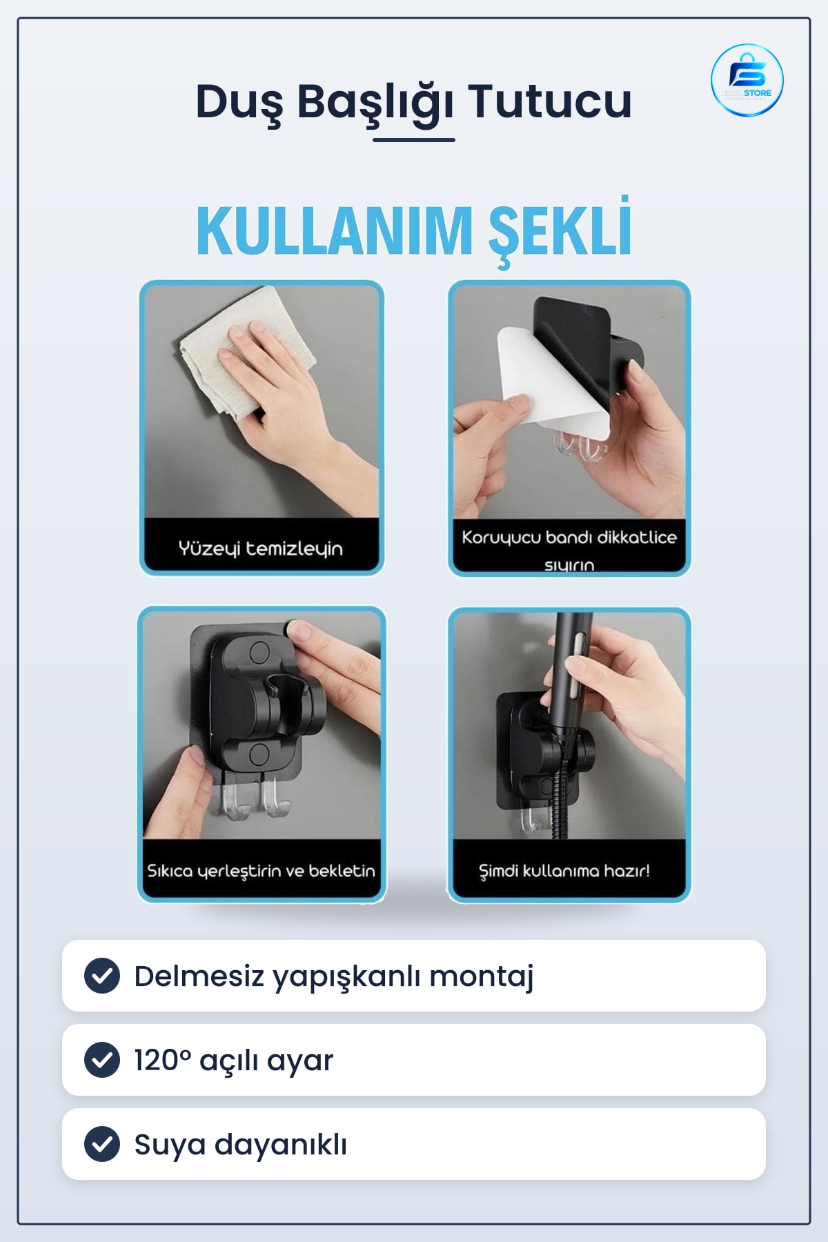 Duş Başlığı Tutucu Yapışkanlı Askılı Ayarlanabilir Delmesiz Montaj Banyo Duvar Askısı Pratik