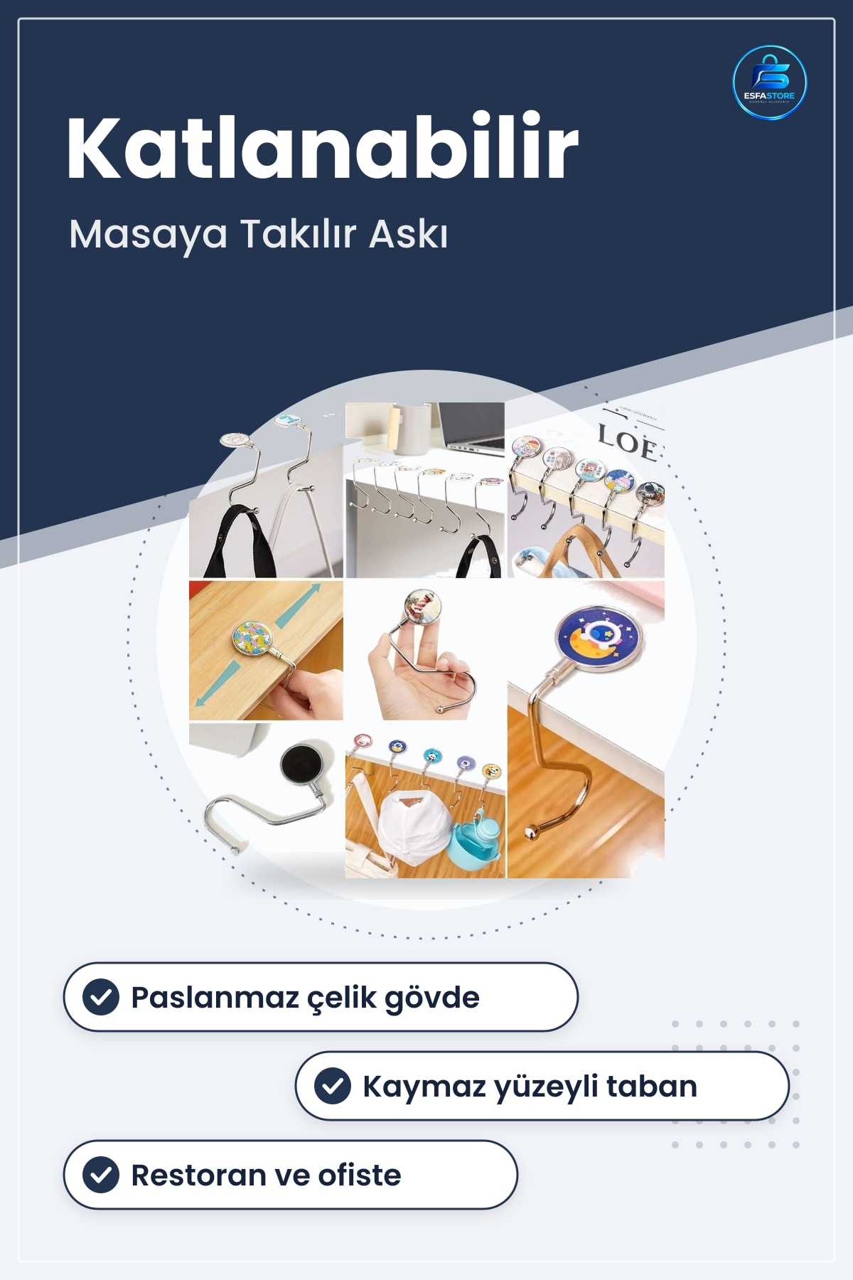 Masaya Takılabilen Paslanmaz Çelik Katlanabilir Çanta Askiası Kaymaz Yüzeyli Hijyenik Pratik Kanca