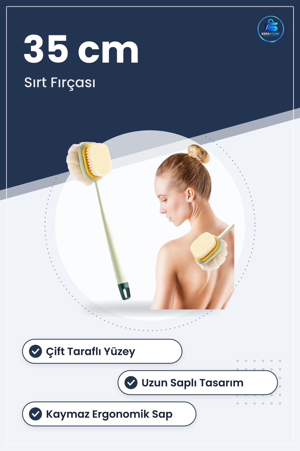 Banyo Sırt Fırçası Uzun Saplı Çift Taraflı Lifli Peeling Etkili Ergonomik Kaymaz Sap Dayanıklı