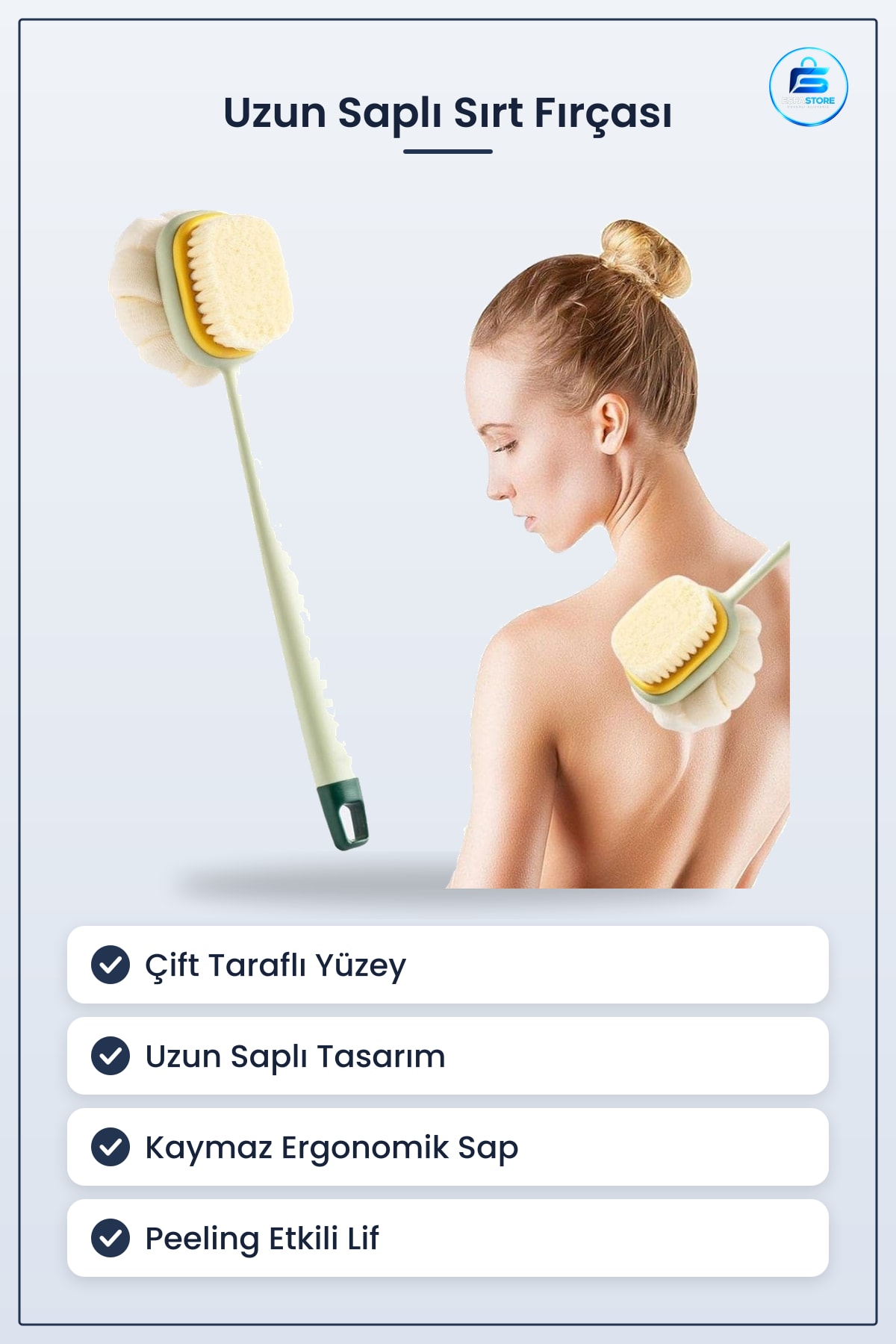 Banyo Sırt Fırçası Uzun Saplı Çift Taraflı Lifli Peeling Etkili Ergonomik Kaymaz Sap Dayanıklı