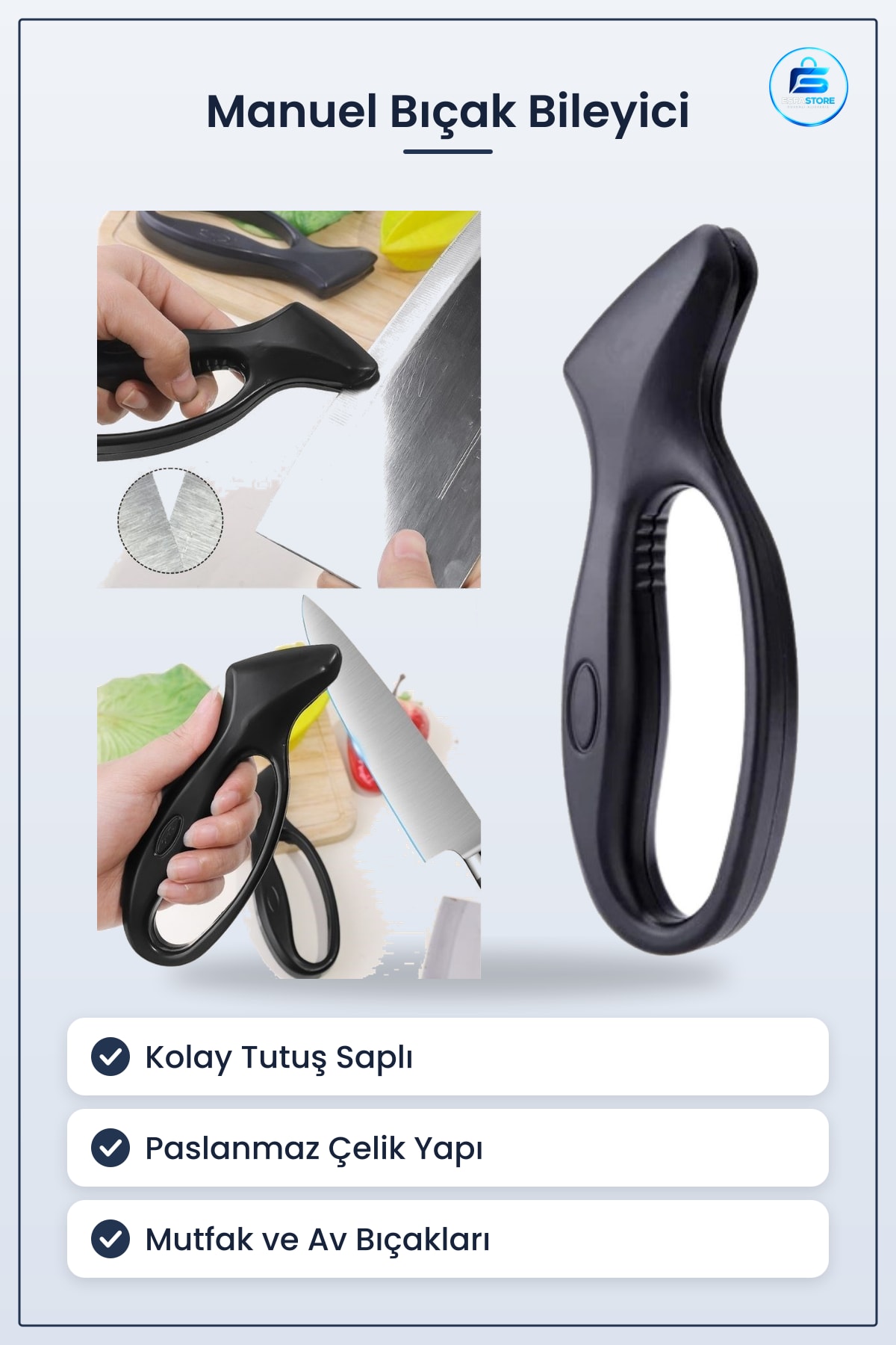Kolay Tutuş Saplı Paslanmaz Çelik Manuel Bıçak Bileme Aleti Mutfak Ev Kullanımı Pratik Dayanıklı