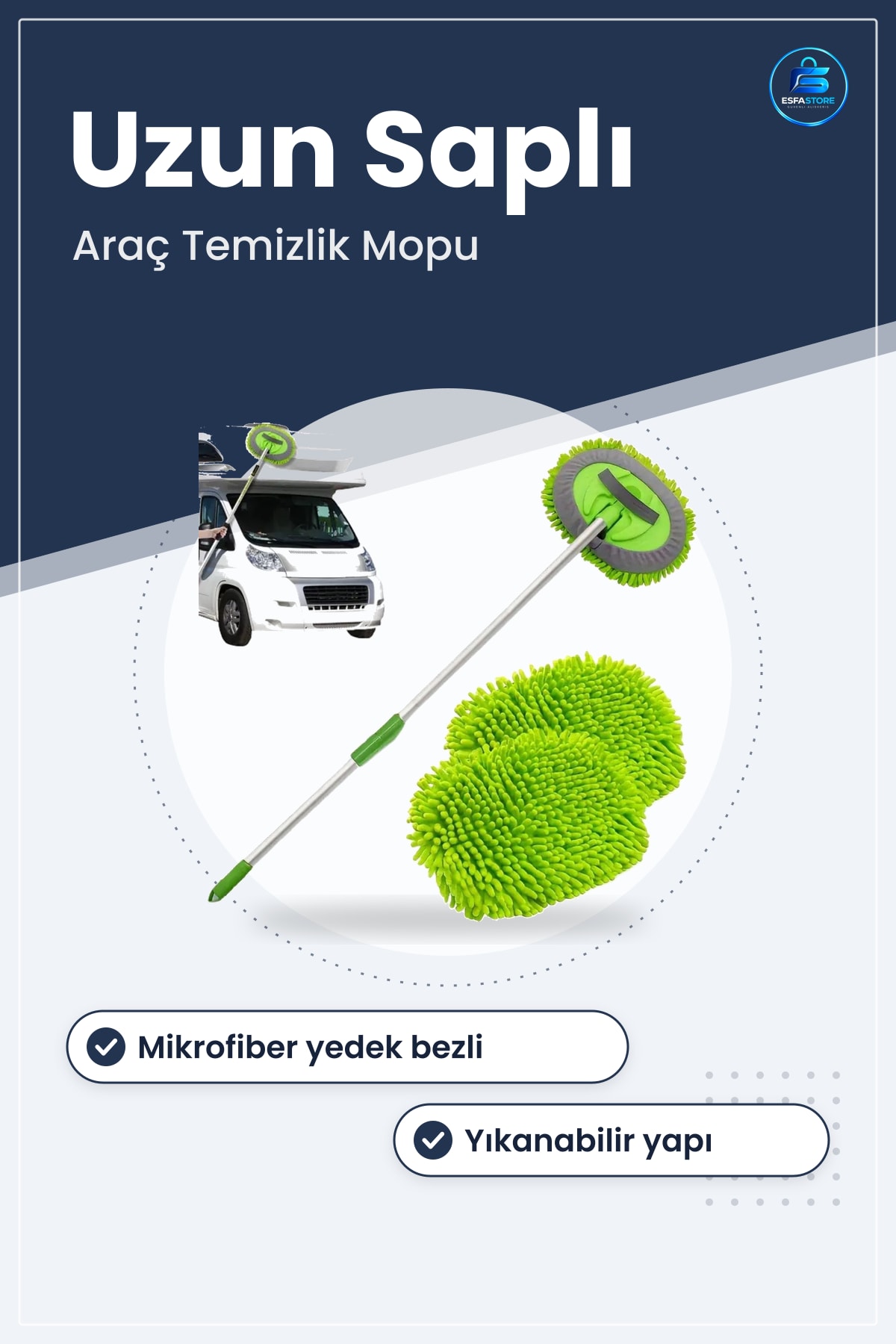 Oto Yıkama Mop Seti Mikrofiber Yedek Bezli Uzun Saplı Araç Temizleme Yıkanabilir Pratik