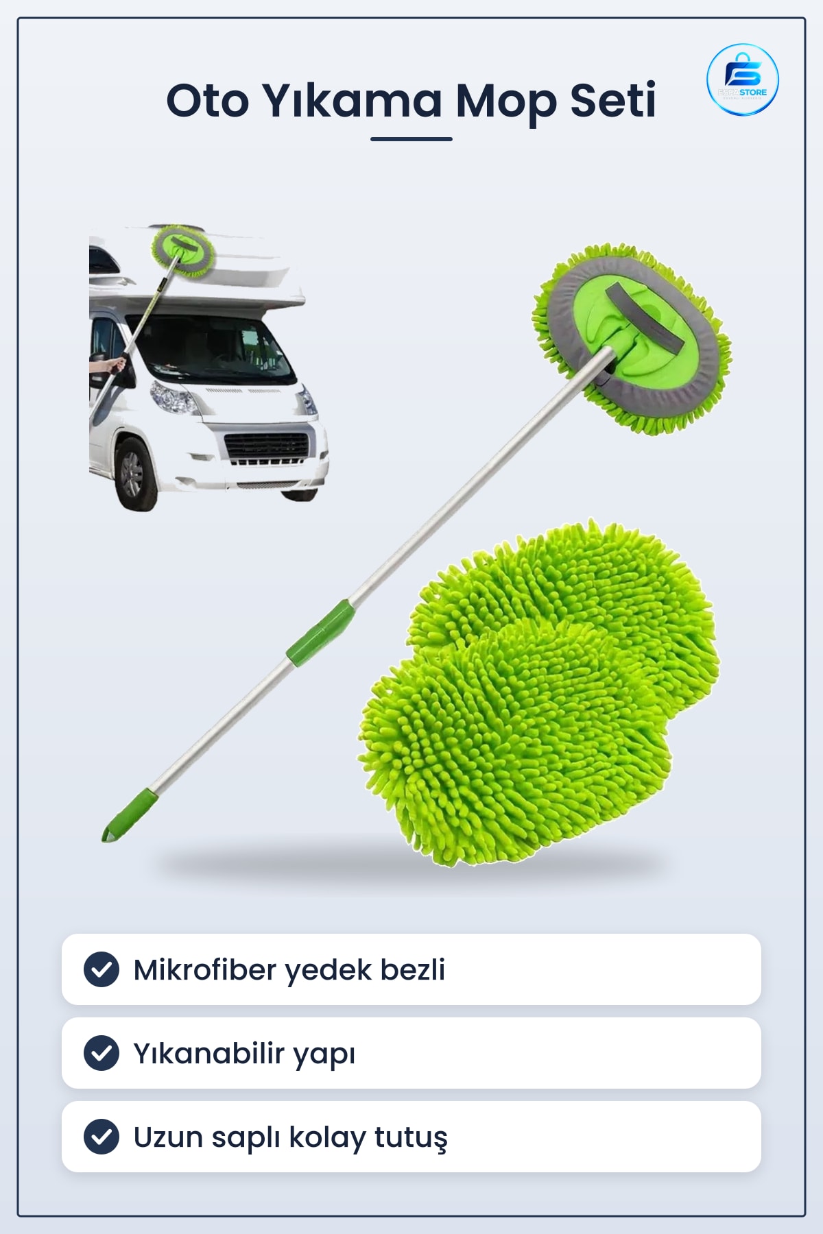 Oto Yıkama Mop Seti Mikrofiber Yedek Bezli Uzun Saplı Araç Temizleme Yıkanabilir Pratik