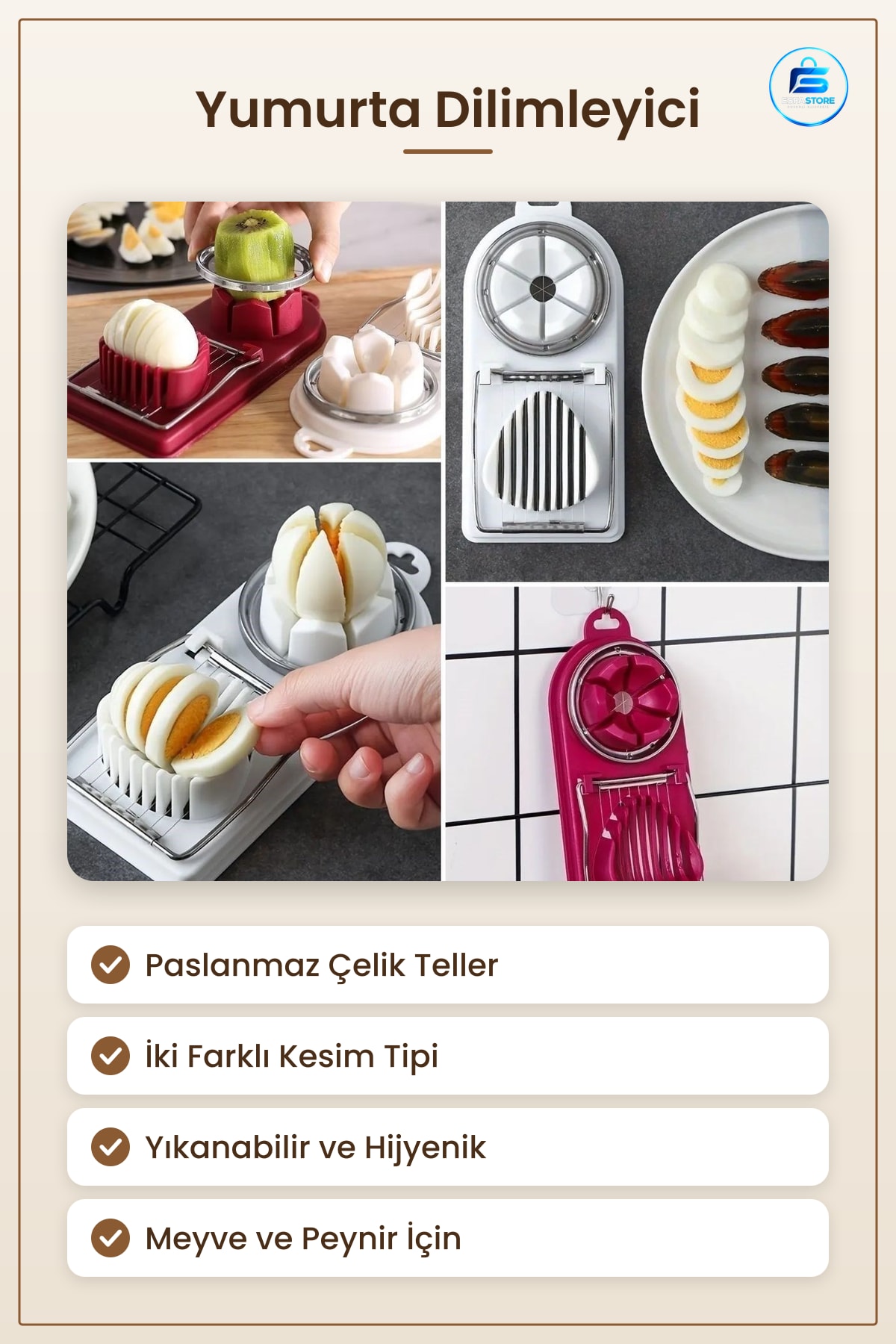Yumurta ve Meyve Dilimleyici Kesici Aparat Çok Fonksiyonlu Paslanmaz Çelik Telli Eşit Dilimleme