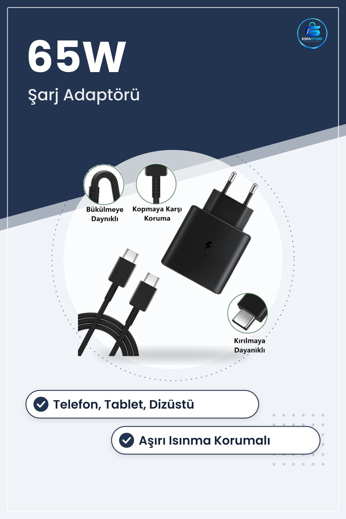 Hızlı Şarj Edebilen Type C Uçlu Güvenli Adaptör Telefon Tablet Dizstü Uyumlu Kompakt Taşınabilir