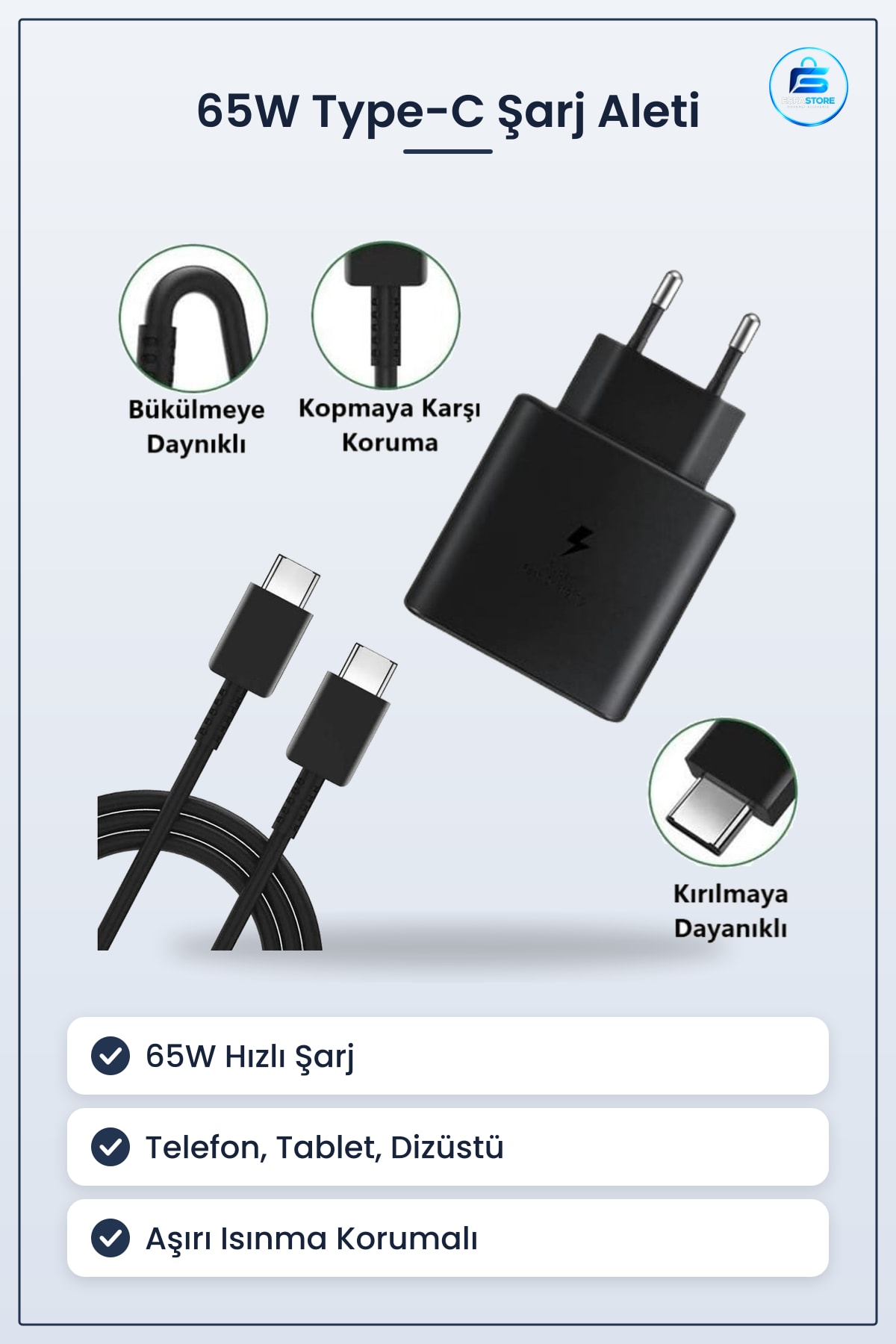 Hızlı Şarj Edebilen Type C Uçlu Güvenli Adaptör Telefon Tablet Dizstü Uyumlu Kompakt Taşınabilir