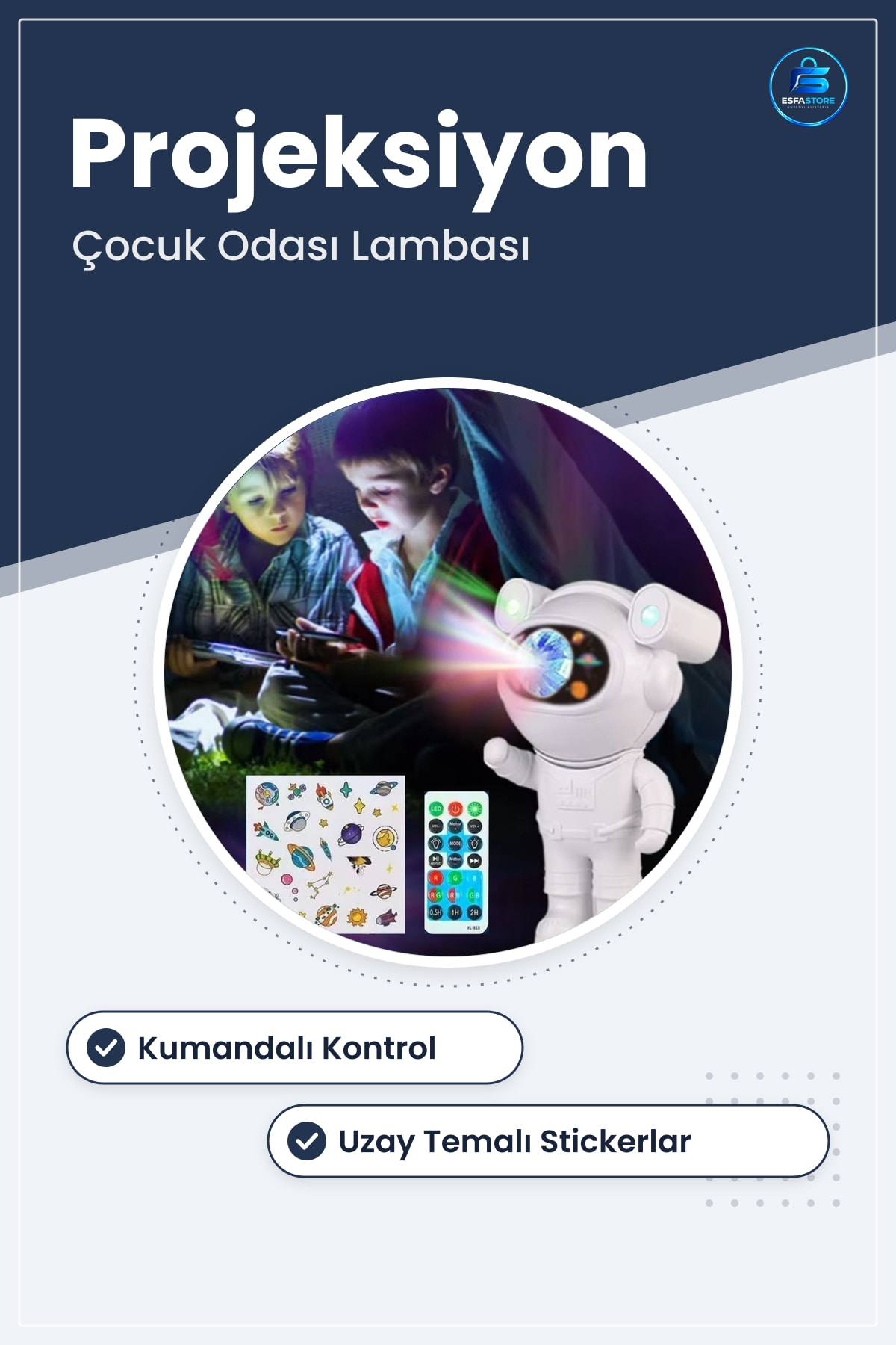 Astronot Model Gece Lambası Uzay Temalı Kumandalı Projeksiyonlu Stickerlı Çocuk Odası Dekoru