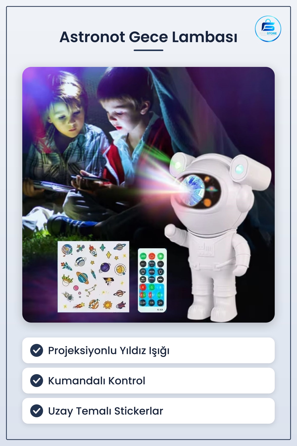 Astronot Model Gece Lambası Uzay Temalı Kumandalı Projeksiyonlu Stickerlı Çocuk Odası Dekoru