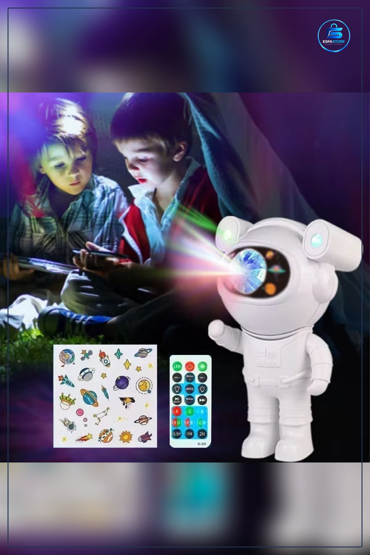 Astronot Model Gece Lambası Uzay Temalı Kumandalı Projeksiyonlu Stickerlı Çocuk Odası Dekoru