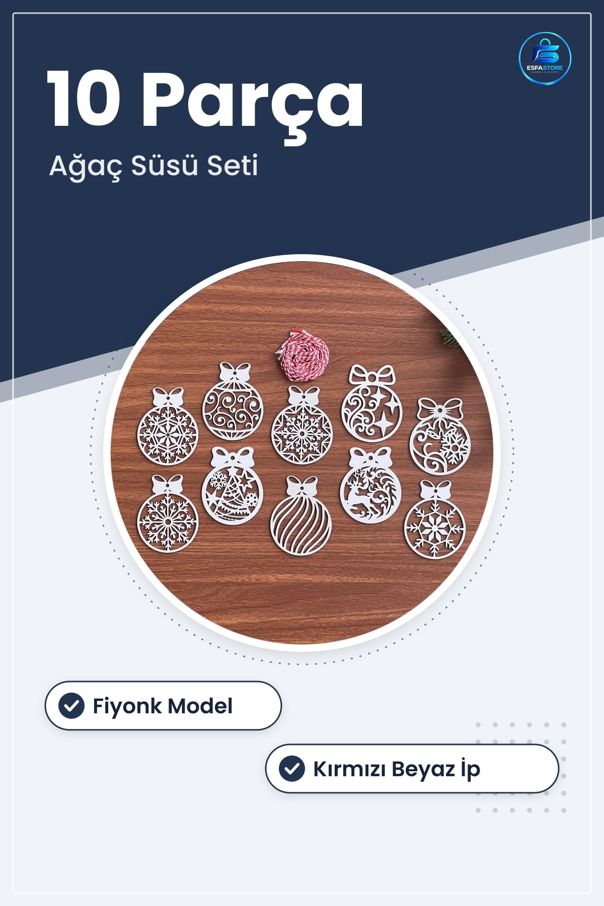 Ahşap Yılbaşı Ağaç Süsü Fiyonk Model Oyma Desenli Dekoratif Asılabilir Süs Seti Hediyelik