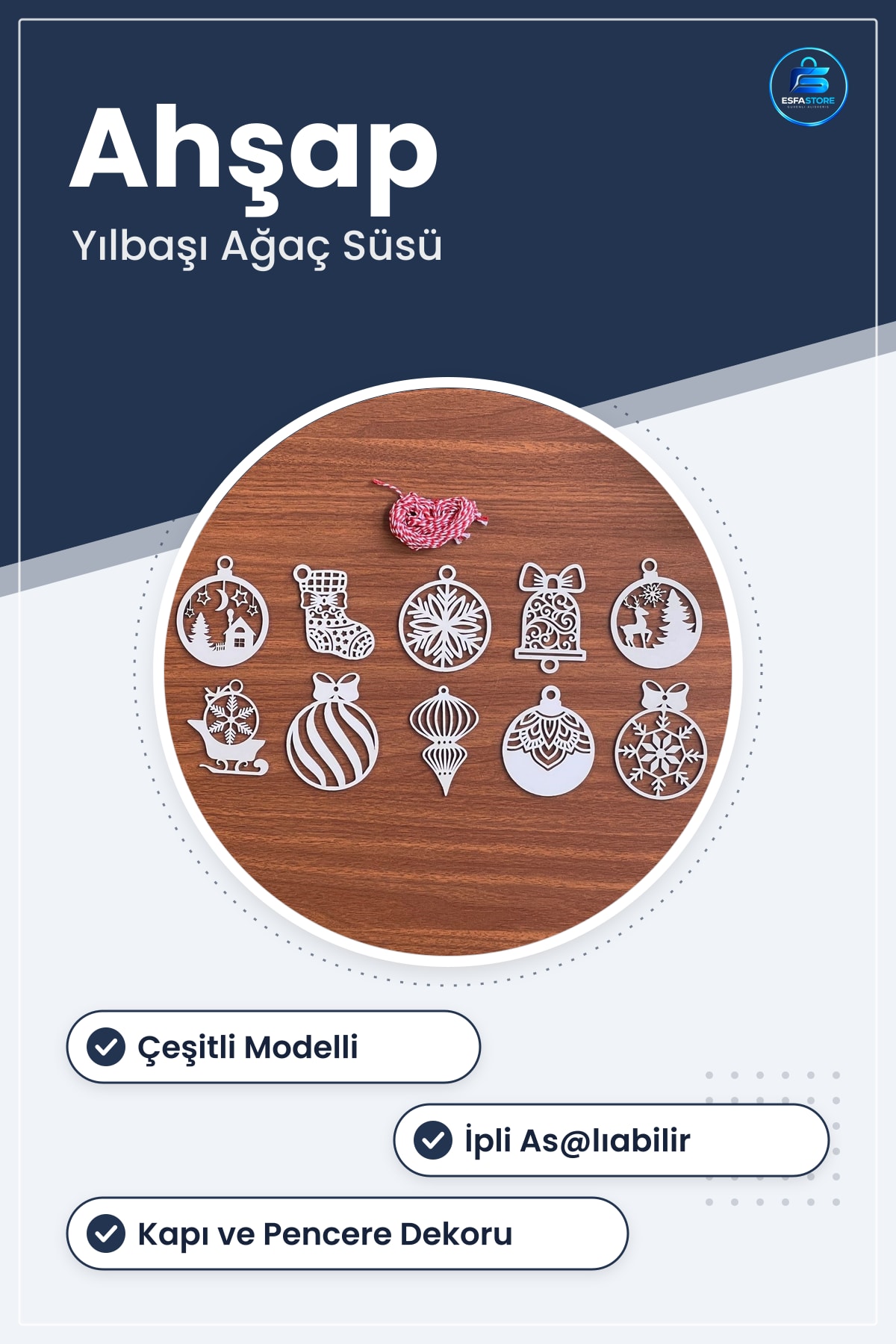 Ahşap Yılbaşı Ağaç Süsü Seti Çeşitli Modelli İpli Dekoratif Asılabilir Kapı Pencere Duvar Dekoru