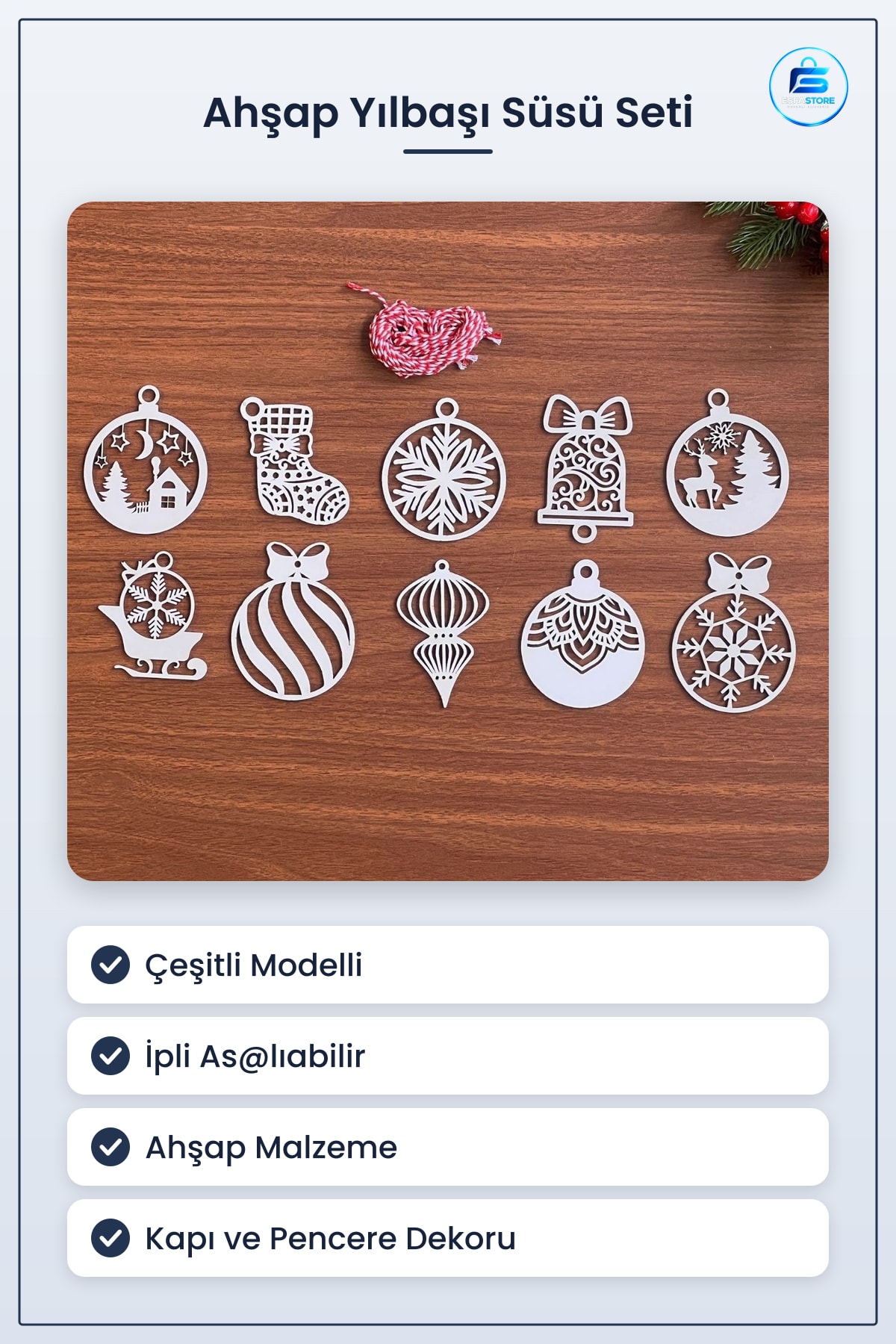 Ahşap Yılbaşı Ağaç Süsü Seti Çeşitli Modelli İpli Dekoratif Asılabilir Kapı Pencere Duvar Dekoru