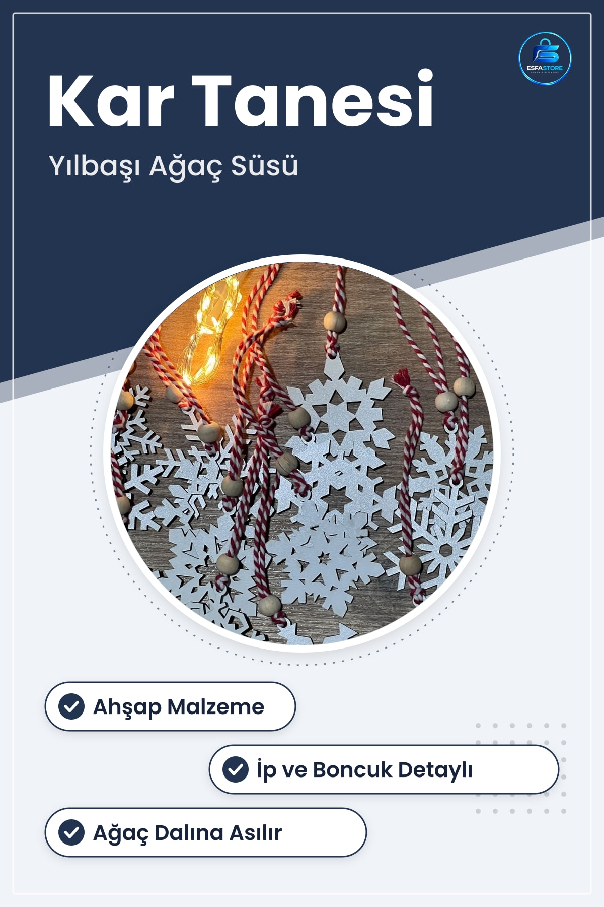 Ahşap Kar Tanesi Yılbaşı Ağaç Süsü İpli Boncuklu Asılabilir Hediyelik Ev Dekorasyonu Dayanıklı