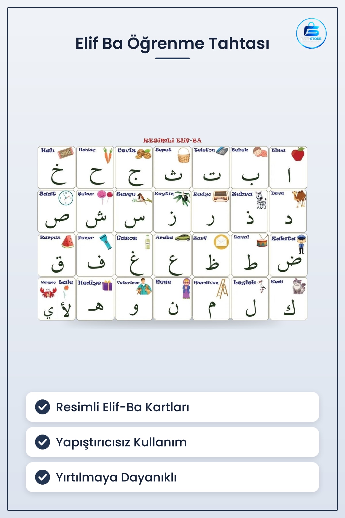 Statik Kağıt Elif Ba Öğrenme Tahtası Resimli Harf Eğitim Materyali Yapıştırıcısız Okul Evde