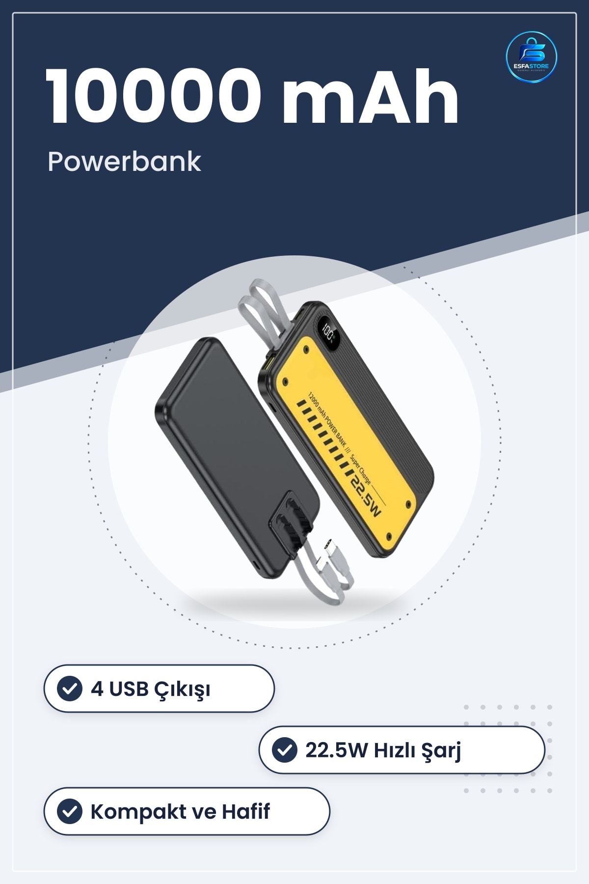 Powerbank Çoklu Çıkışlı Hızlı Şarj Destekli Yüksek Kapasiteli Taşınabilir Kompakt Cihaz Güç Kaynağı