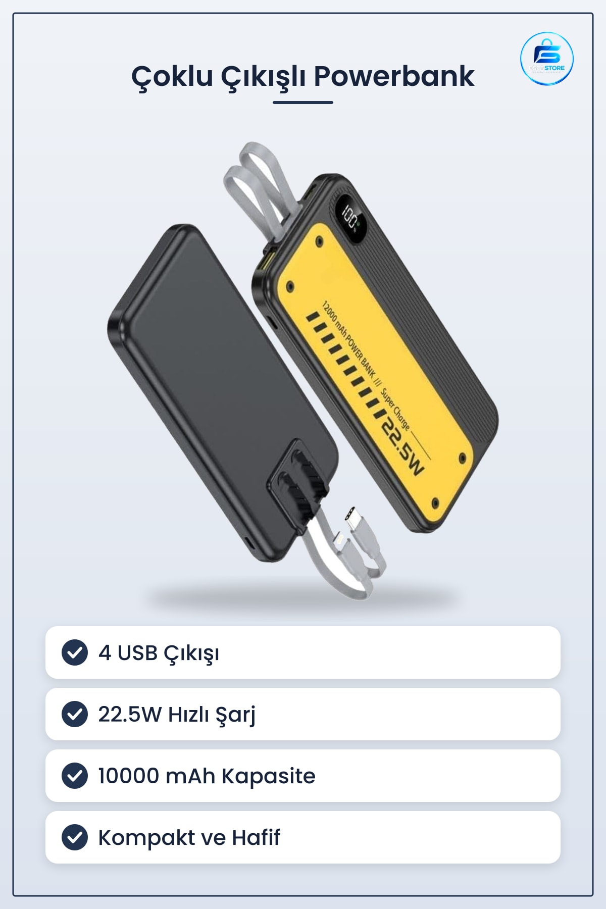 Powerbank Çoklu Çıkışlı Hızlı Şarj Destekli Yüksek Kapasiteli Taşınabilir Kompakt Cihaz Güç Kaynağı