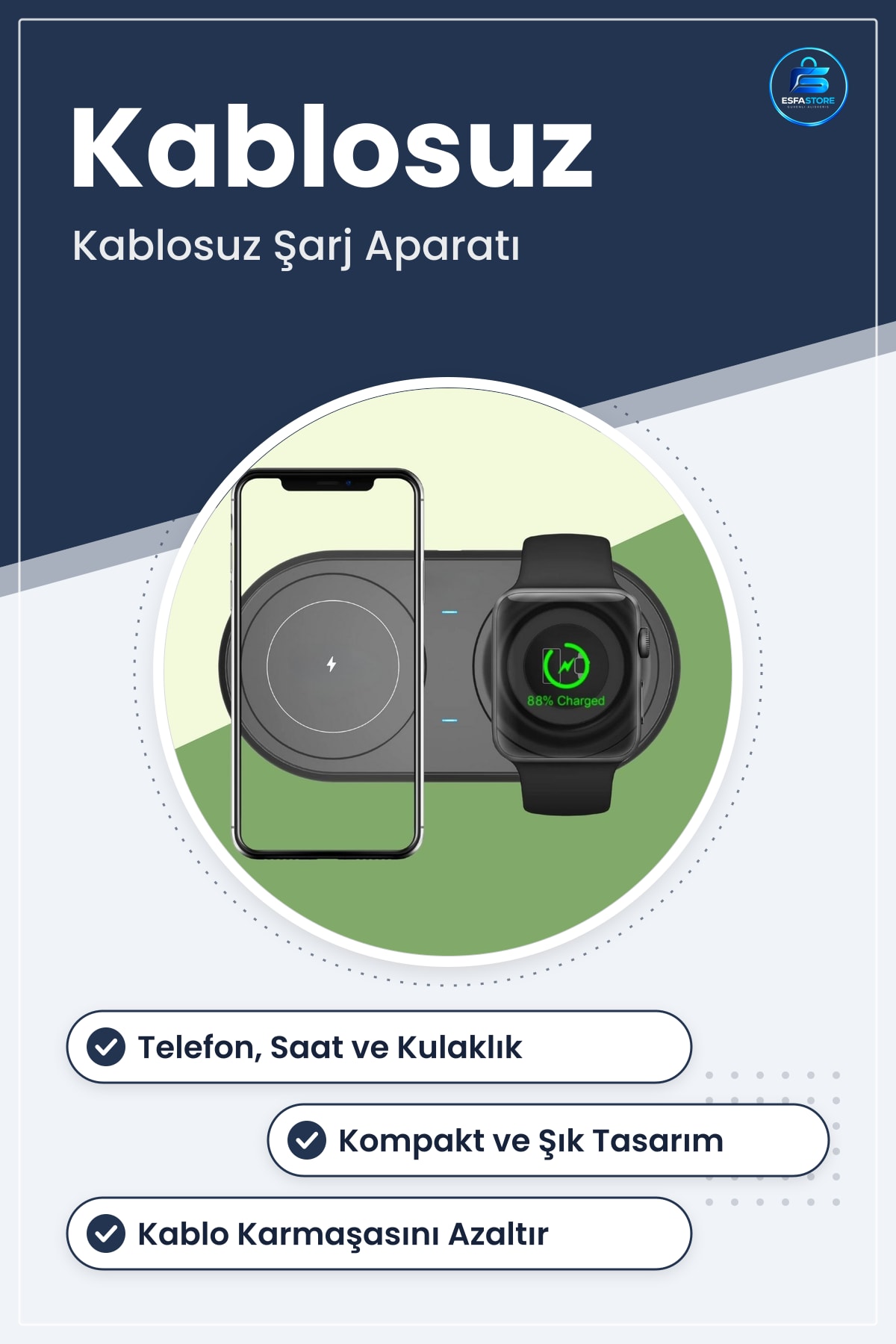 Kablosuz Hızlı Şarj Aparatı Akıllı Saat ve Telefon Kulaklık İstasyonu Pratik Kompakt Tasarım