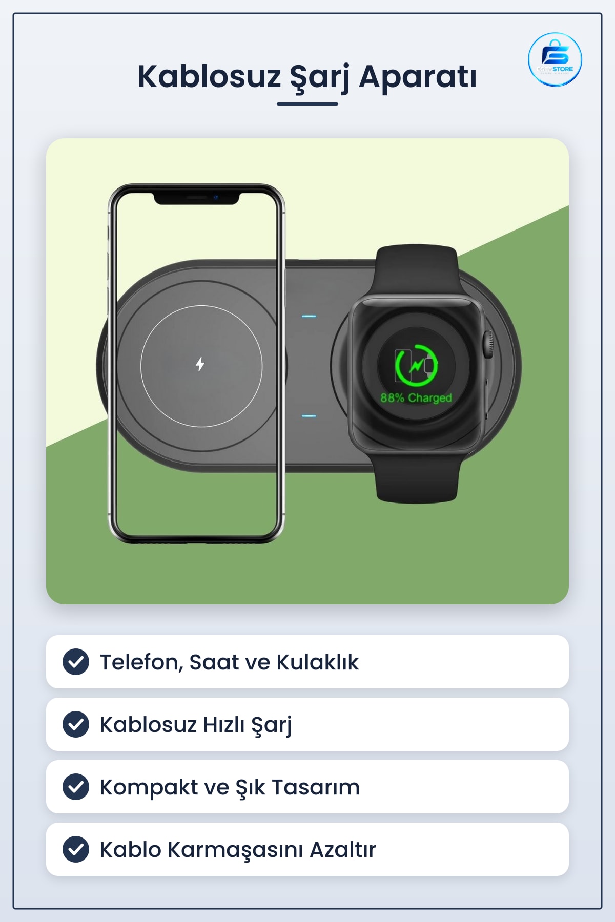 Kablosuz Hızlı Şarj Aparatı Akıllı Saat ve Telefon Kulaklık İstasyonu Pratik Kompakt Tasarım