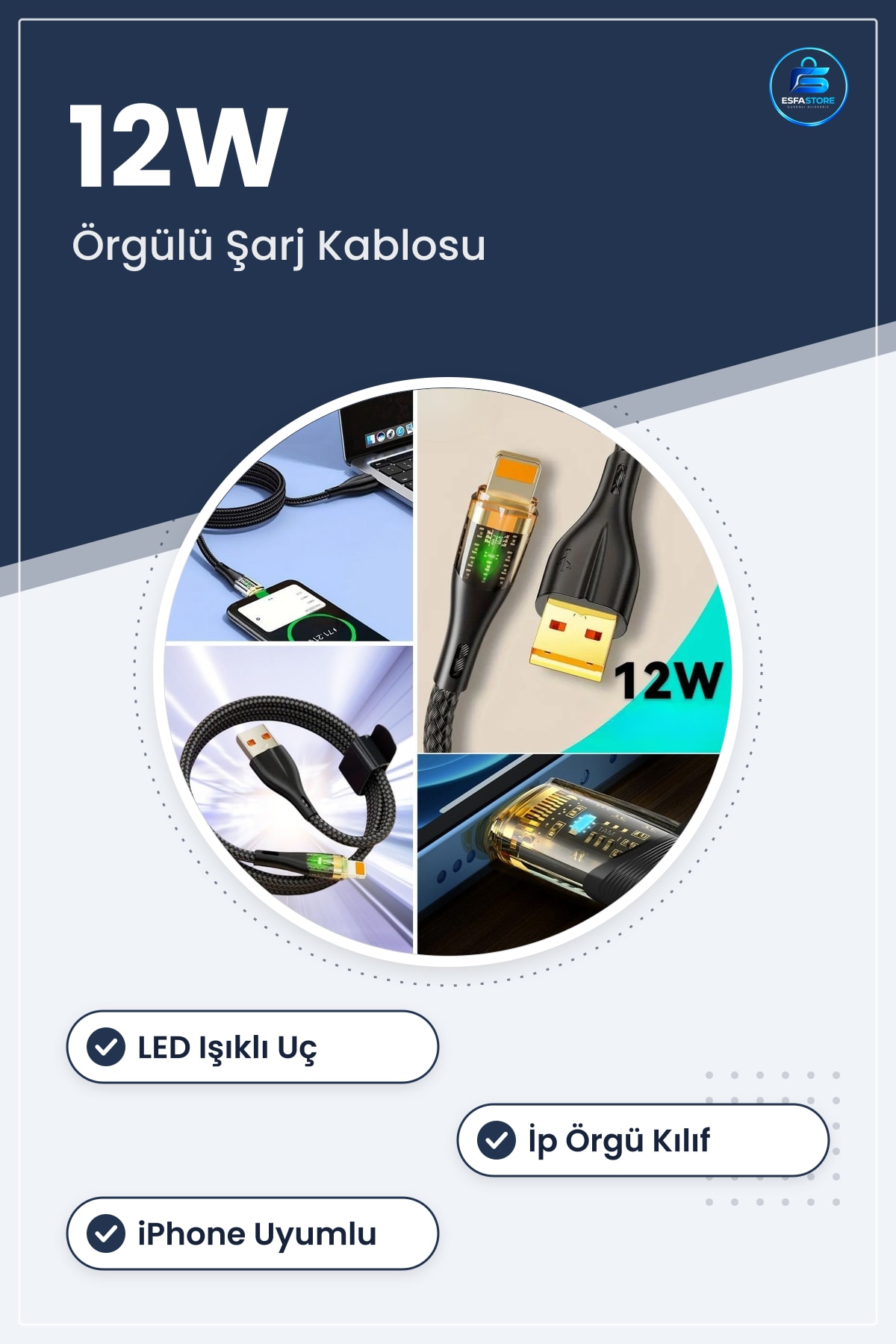 Lightning Hızlı Şarj Kablosu Led Işıklı Sağlam İp Örgü USB Dayanıklı iPhone Uyumlu Pratik