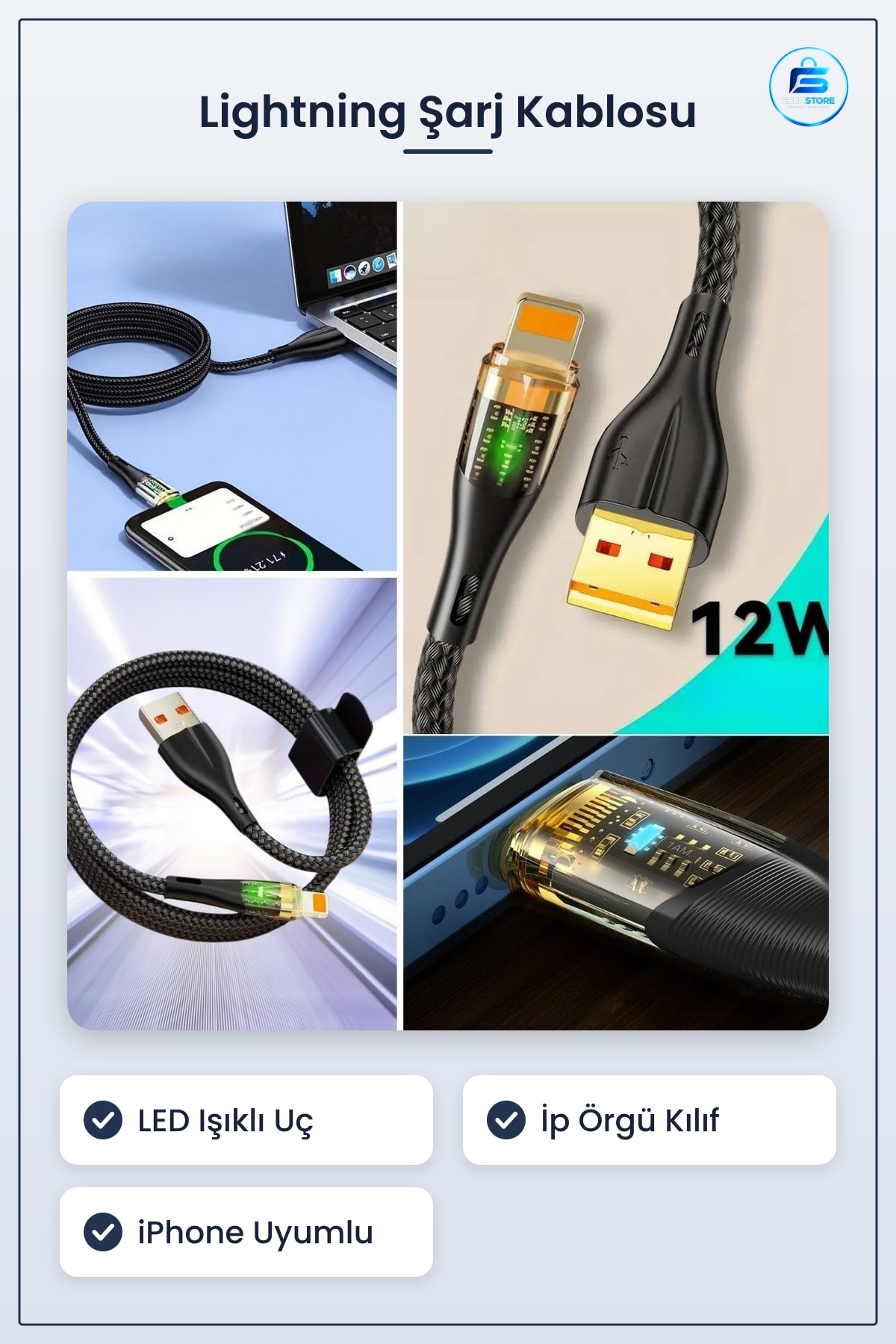 Lightning Hızlı Şarj Kablosu Led Işıklı Sağlam İp Örgü USB Dayanıklı iPhone Uyumlu Pratik