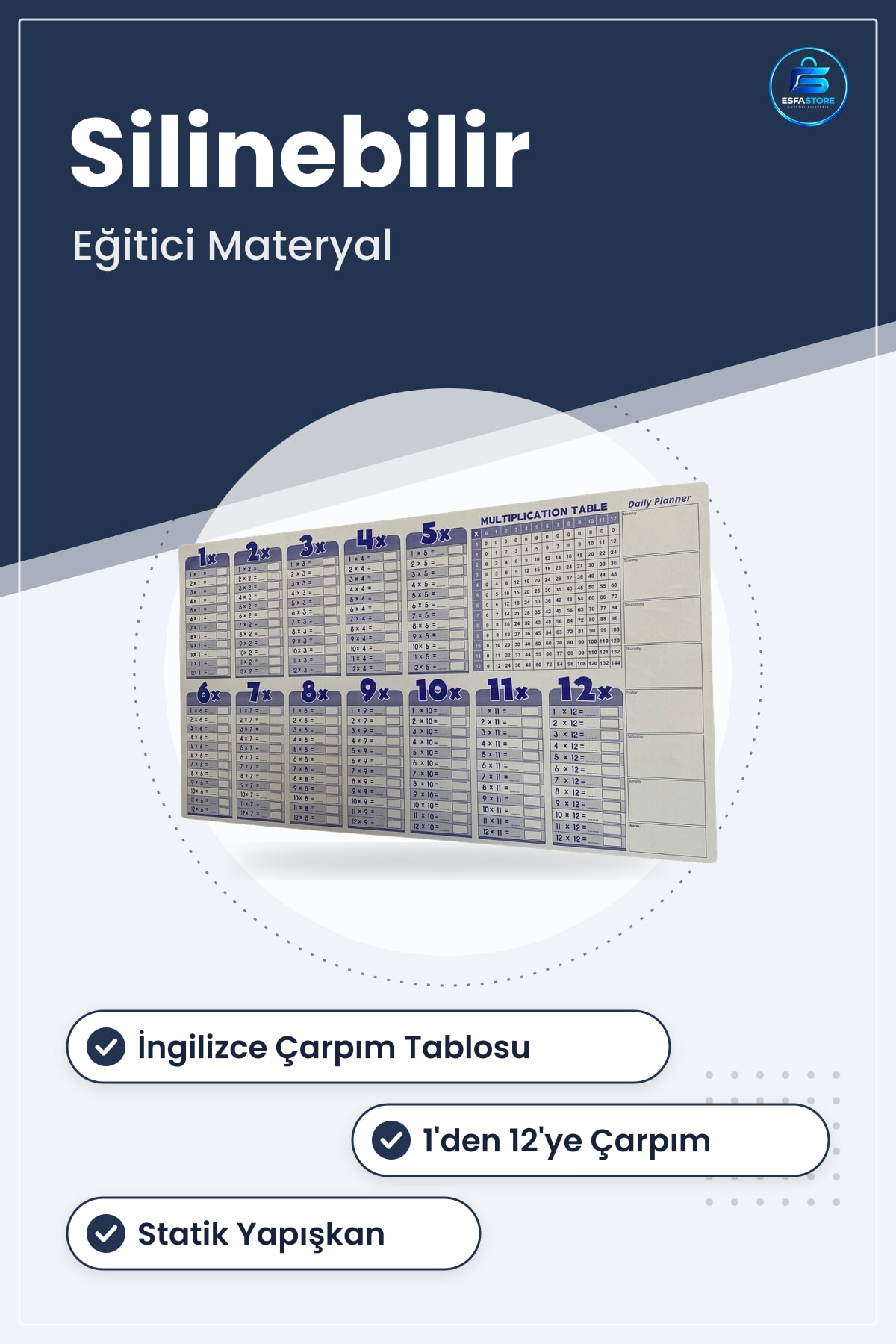 Statik Akıllı Kağıt İngilizce Çarpım Tablosu Silinebilir Yeniden Kullanılabilir Eğitici Materyal