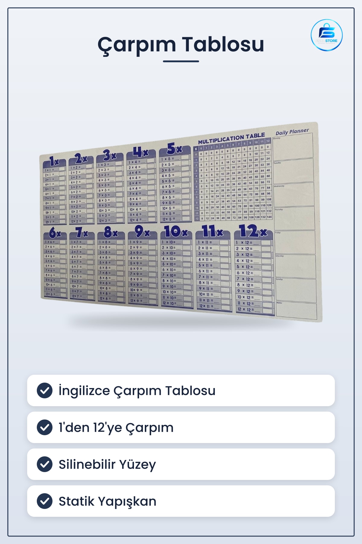 Statik Akıllı Kağıt İngilizce Çarpım Tablosu Silinebilir Yeniden Kullanılabilir Eğitici Materyal