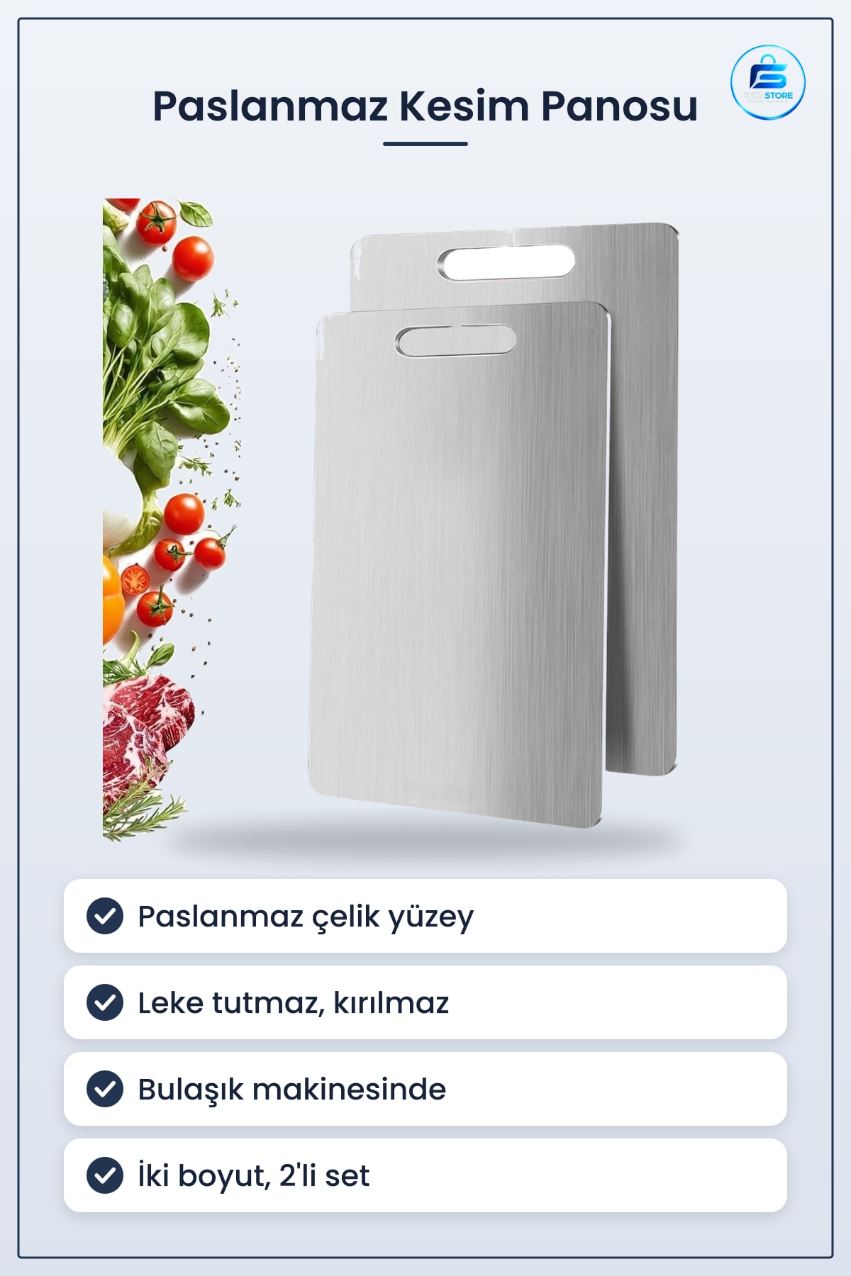 Paslanmaz Çelik Kesim Panosu Leke Tutmaz Kırılmaz Antibakteriyel Bulaşık Makinesinde Yıkanabilir