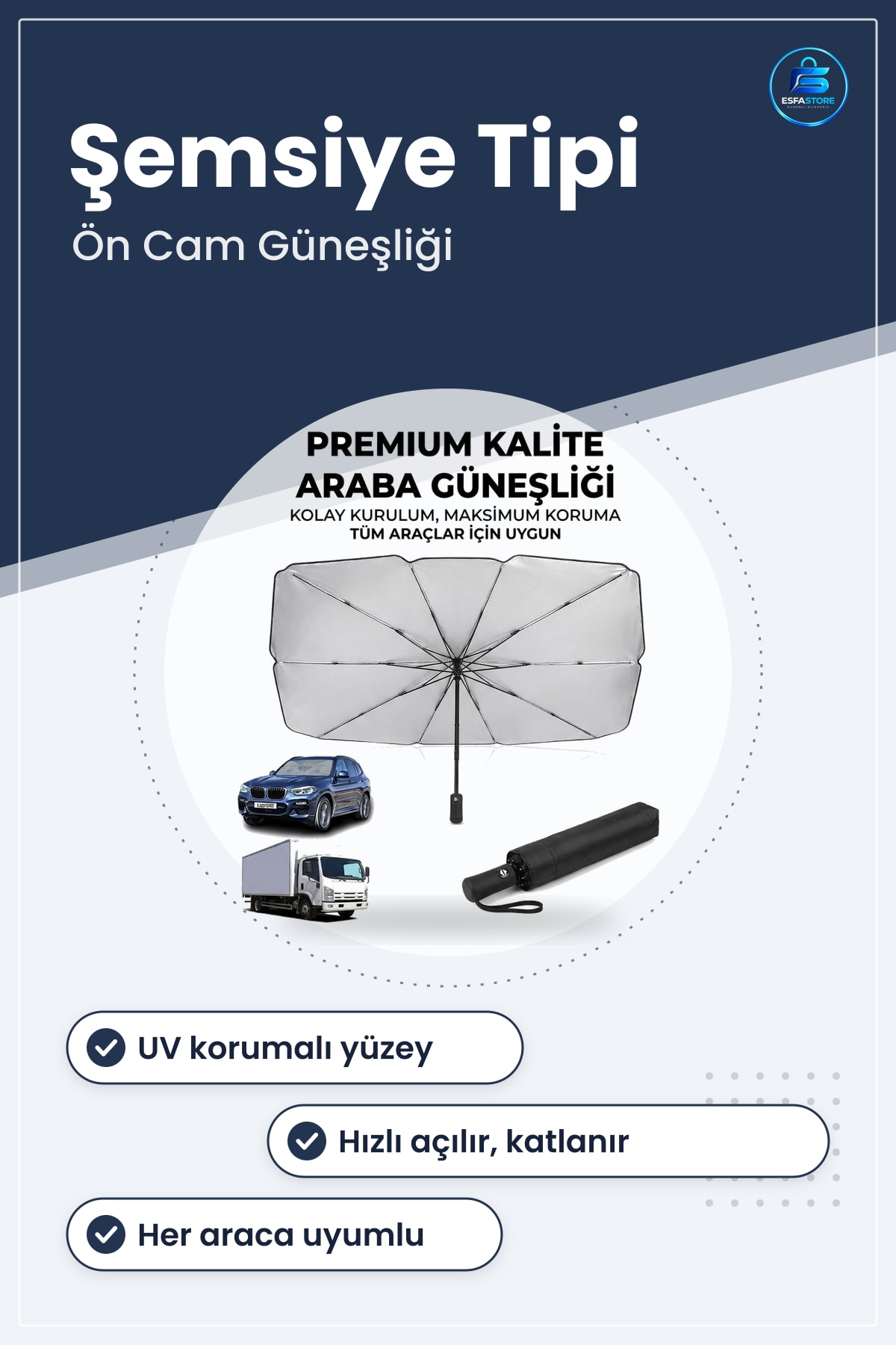 Premium Şemsiye Tipi Katlanabilir Araç Ön Cam Güneşliği UV Korumalı Isı Yalıtımlı Oto Gölgelik