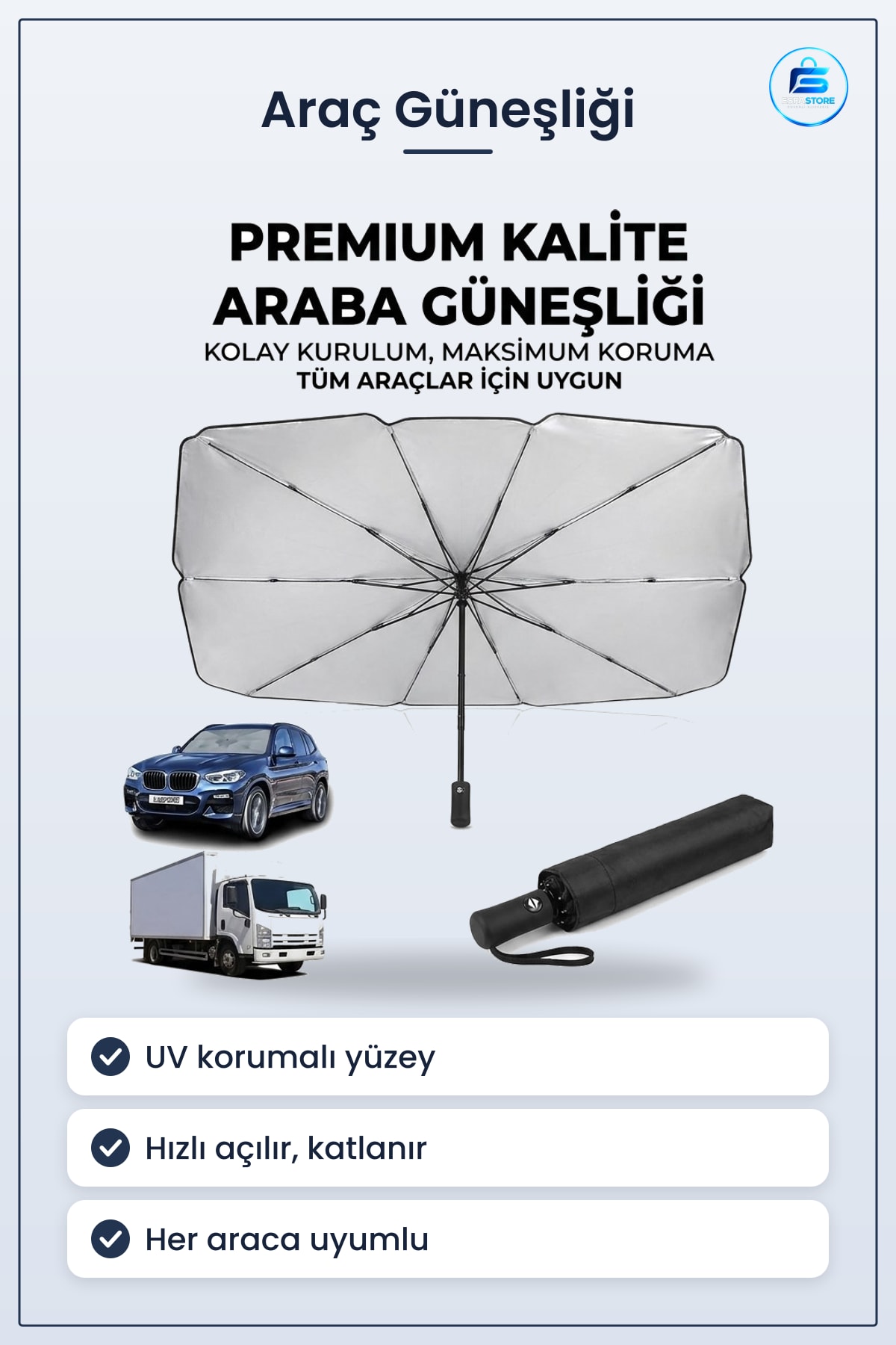 Premium Şemsiye Tipi Katlanabilir Araç Ön Cam Güneşliği UV Korumalı Isı Yalıtımlı Oto Gölgelik