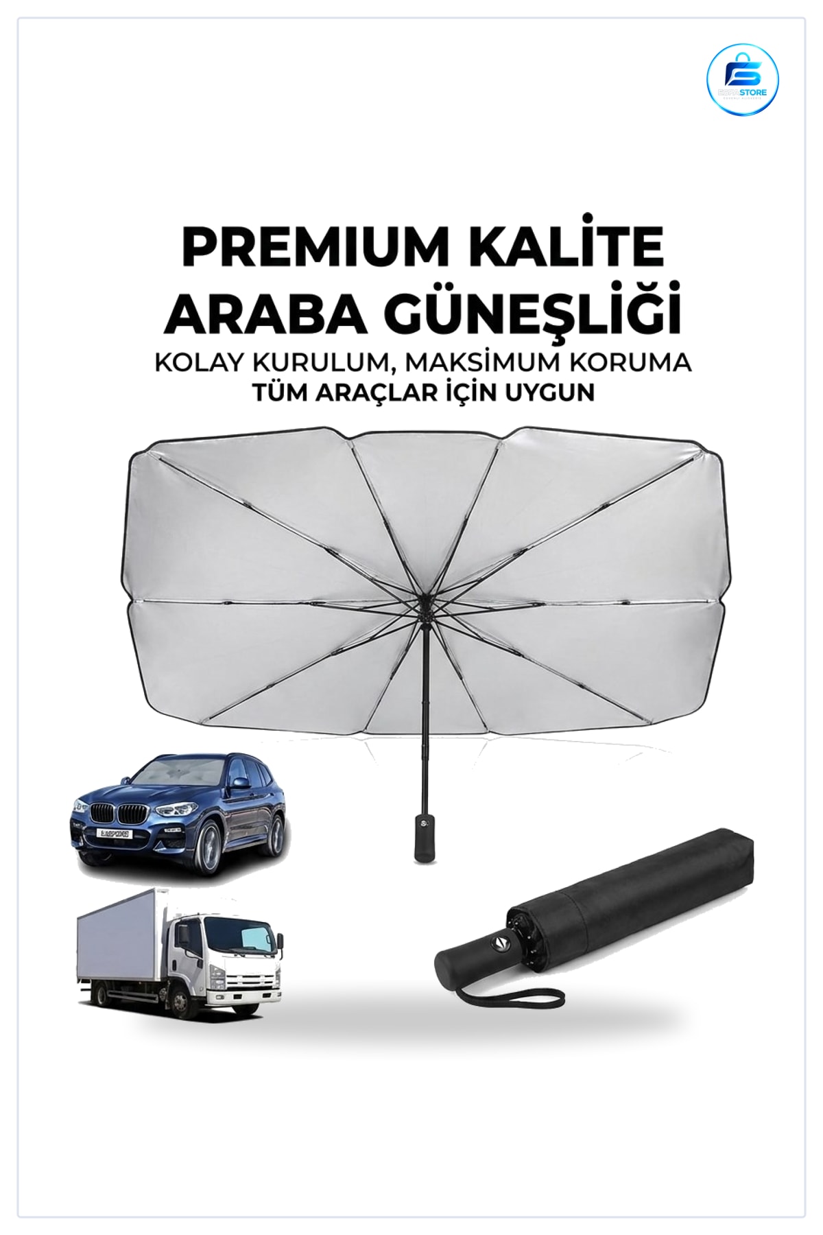 Premium Şemsiye Tipi Katlanabilir Araç Ön Cam Güneşliği UV Korumalı Isı Yalıtımlı Oto Gölgelik