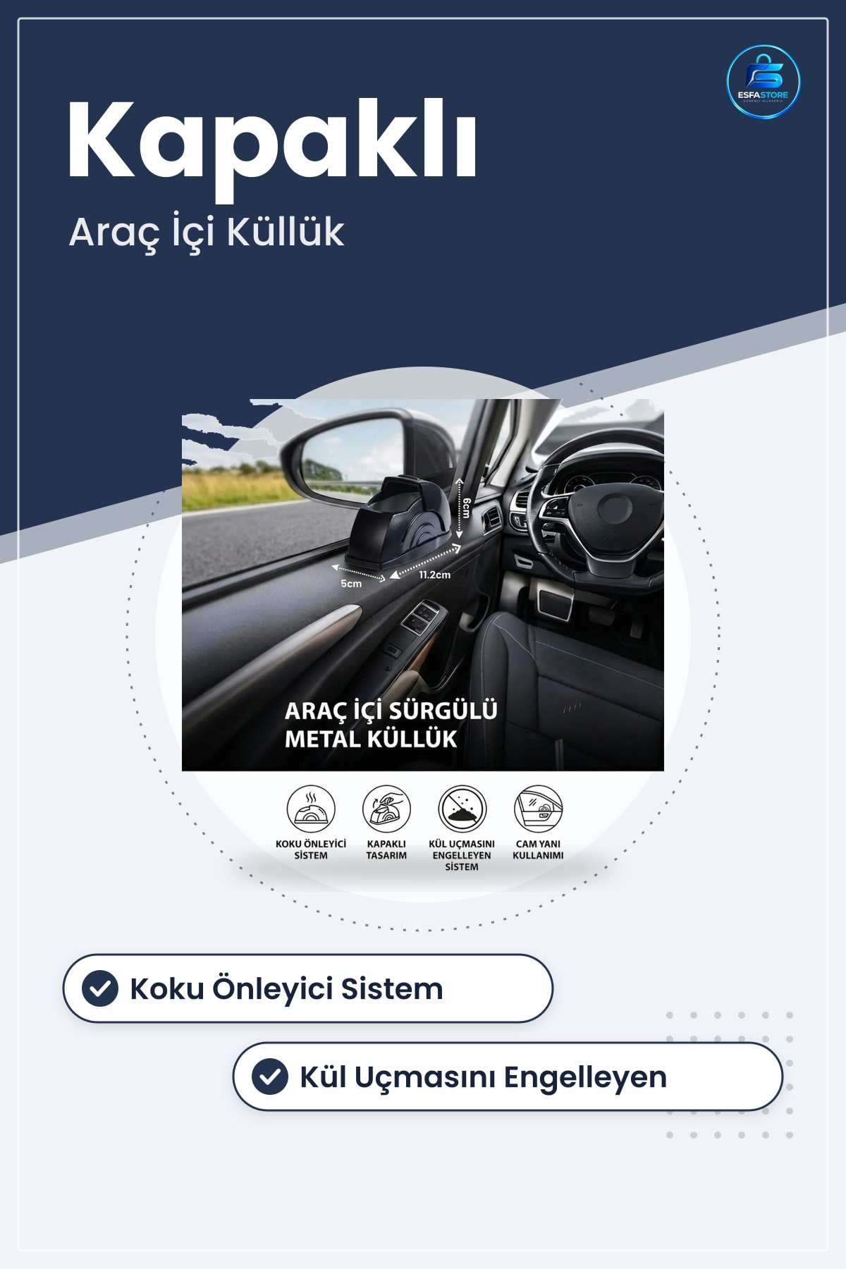 Araç İçi Salyangoz Küllük Sürgülü Kapaklı Metal Hazneli Kapı Koluna Takılabilir Otomobil Küllüğü