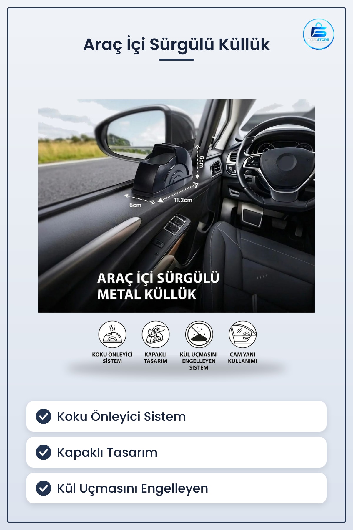 Araç İçi Salyangoz Küllük Sürgülü Kapaklı Metal Hazneli Kapı Koluna Takılabilir Otomobil Küllüğü