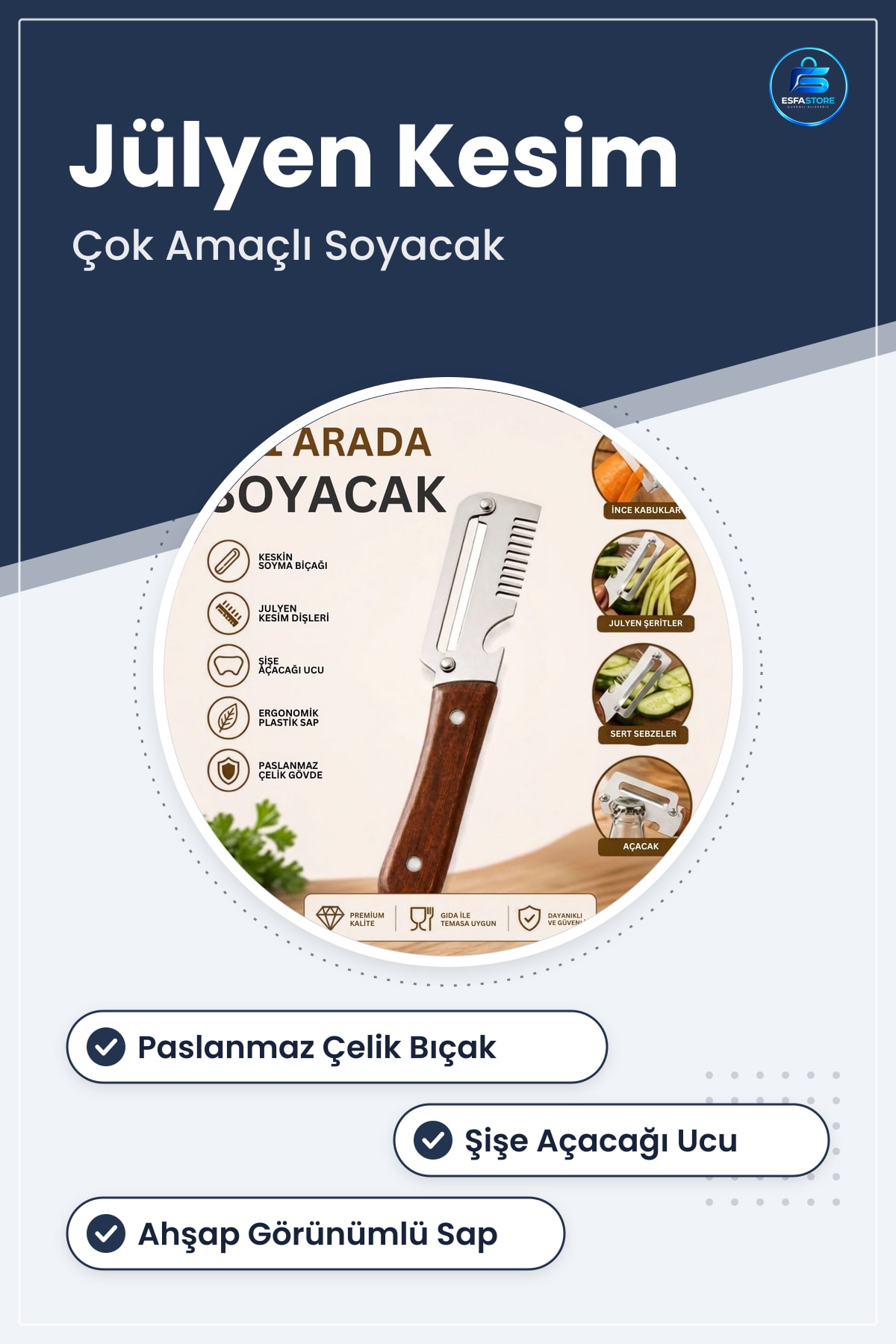 Mutfak Soyacağı Paslanmaz Çelik Bıçaklı Ahşap Görünümlü Saplı Jülyen Soyucu Şişe Açacağı