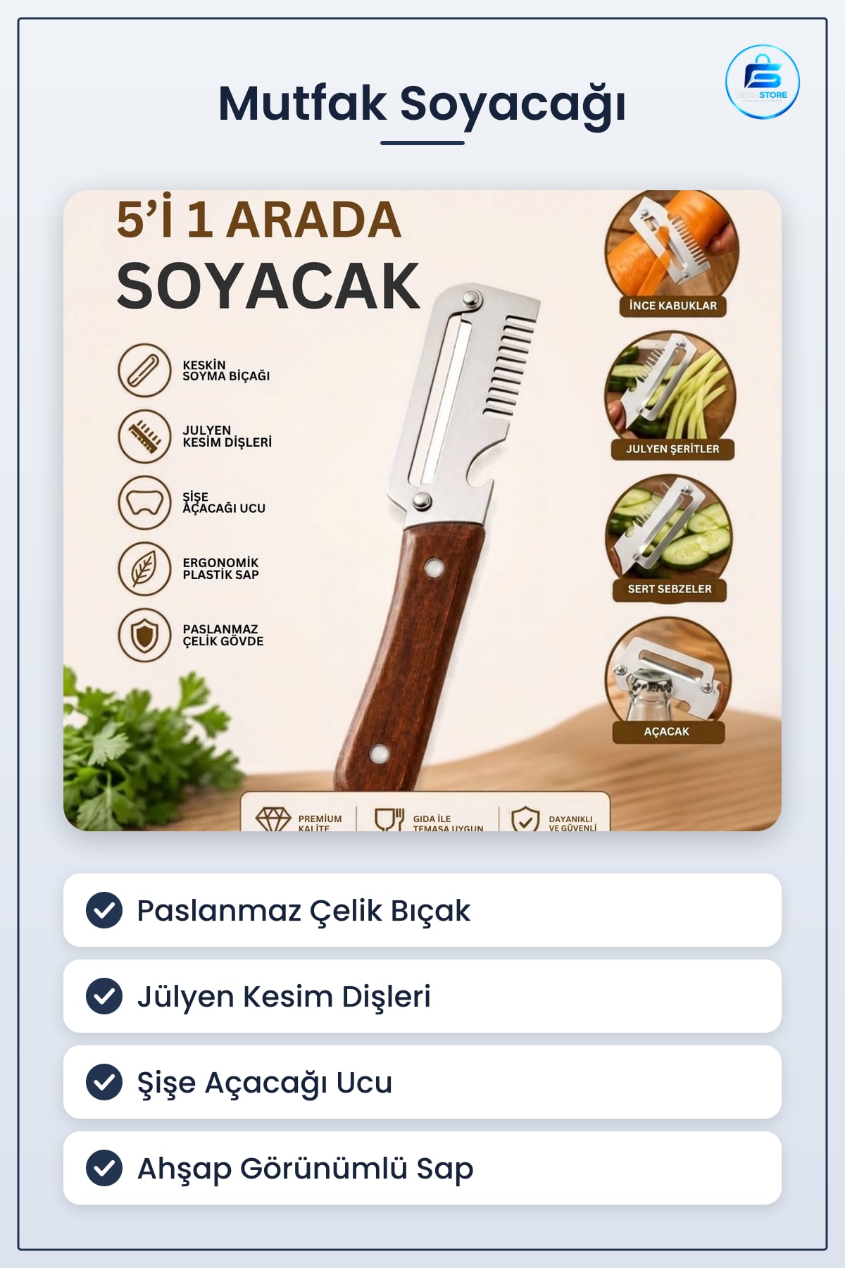 Mutfak Soyacağı Paslanmaz Çelik Bıçaklı Ahşap Görünümlü Saplı Jülyen Soyucu Şişe Açacağı