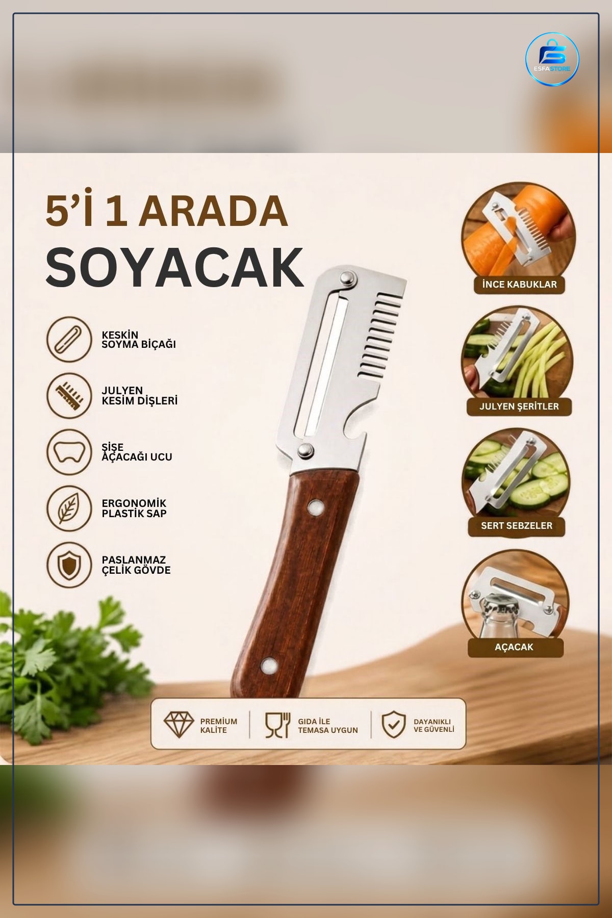 Mutfak Soyacağı Paslanmaz Çelik Bıçaklı Ahşap Görünümlü Saplı Jülyen Soyucu Şişe Açacağı