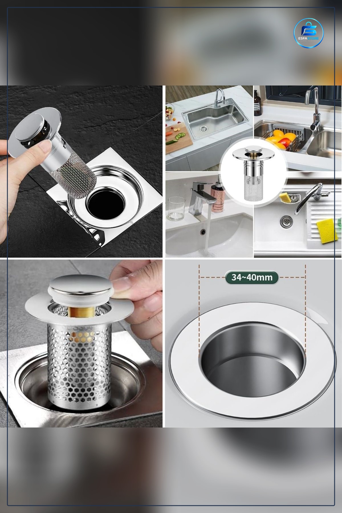 Lavabo Gider Süzgeci Basmalı Kapaklı Uzun Sepet Filtreli Metal Görünümlü Silindirik Saç Toplayıcı