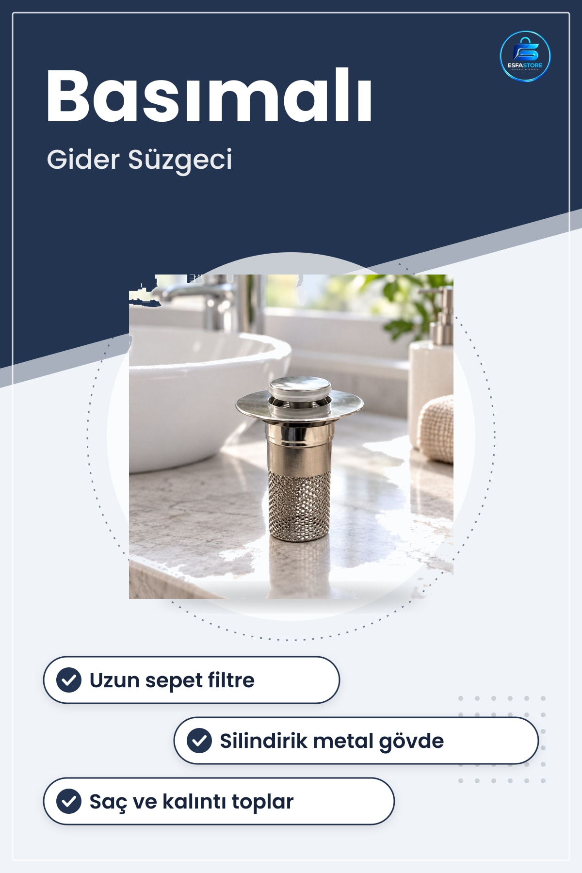 Lavabo Gider Süzgeci Basmalı Kapaklı Uzun Sepet Filtreli Metal Görünümlü Silindirik Saç Toplayıcı