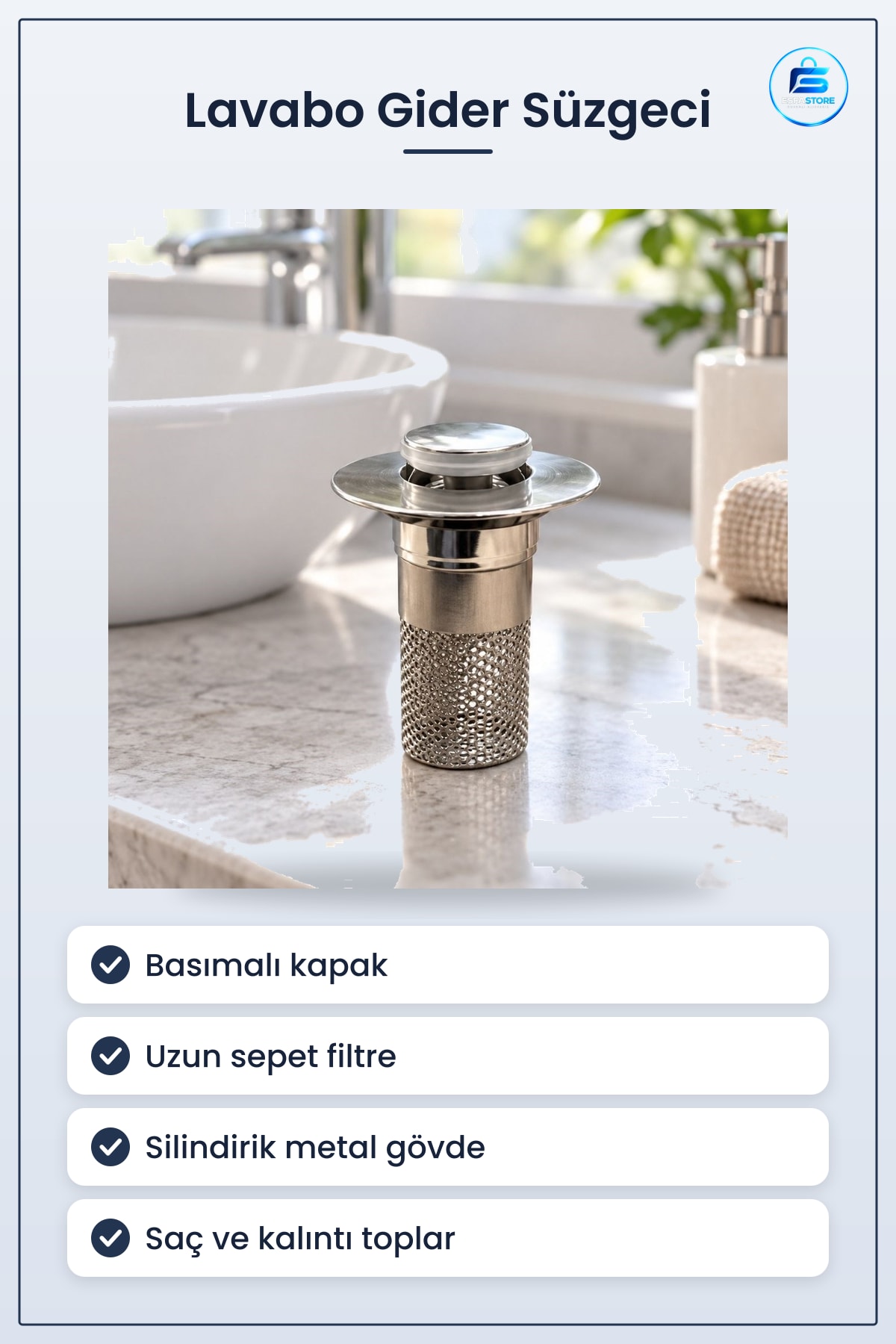 Lavabo Gider Süzgeci Basmalı Kapaklı Uzun Sepet Filtreli Metal Görünümlü Silindirik Saç Toplayıcı