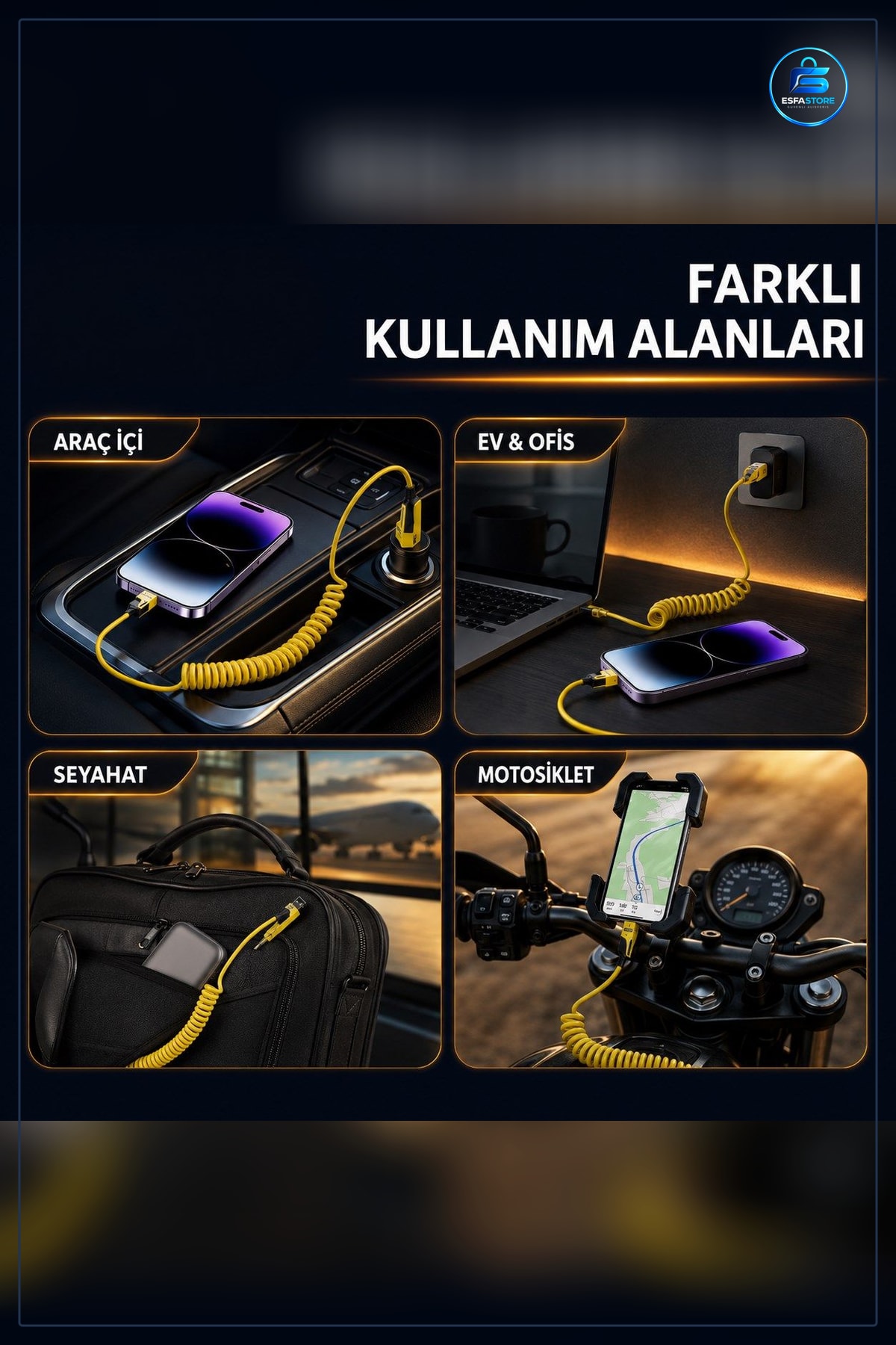 Araç İçi Spiral Hızlı Şarj Kablosu Esnek Yaylı Type-C ve Lightning Uyumlu Çoklu Bağlantı