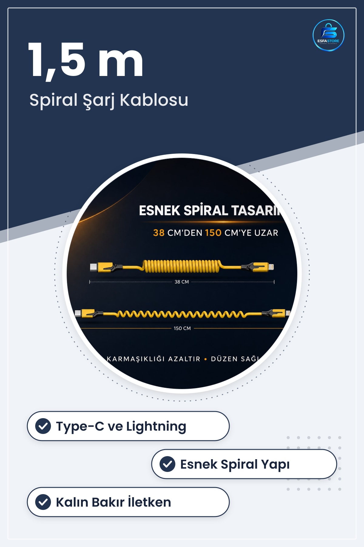 Araç İçi Spiral Hızlı Şarj Kablosu Esnek Yaylı Type-C ve Lightning Uyumlu Çoklu Bağlantı